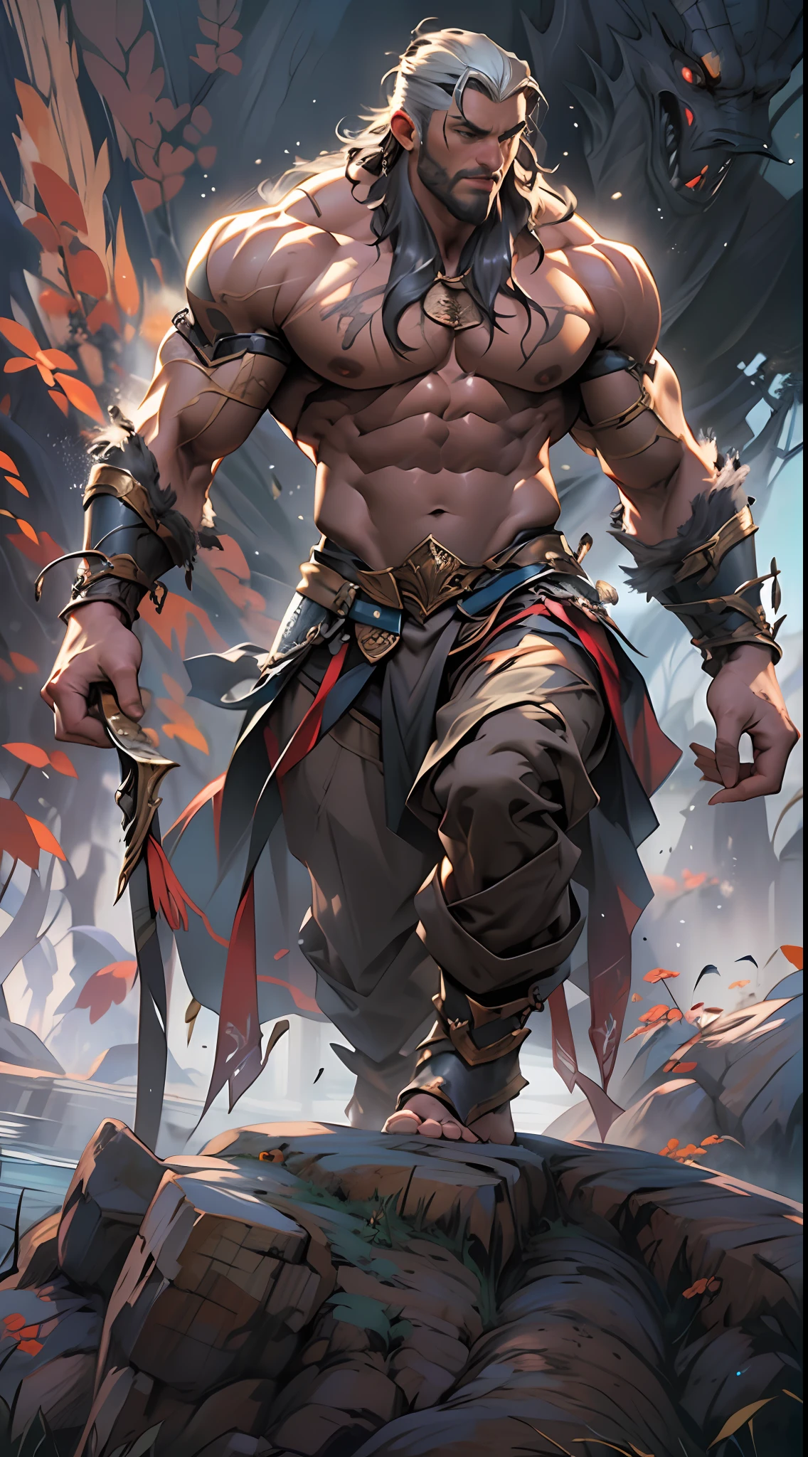 Powerful warrior, upper torso unveiled, lower body uncovered from thighs to feet, cascading long curls, meticulous muscle definition, lifelike depiction, 4K resolution. Background: Mythical fantasy landscape.,32k uhd, best quality, masterpiece, super detail, high details