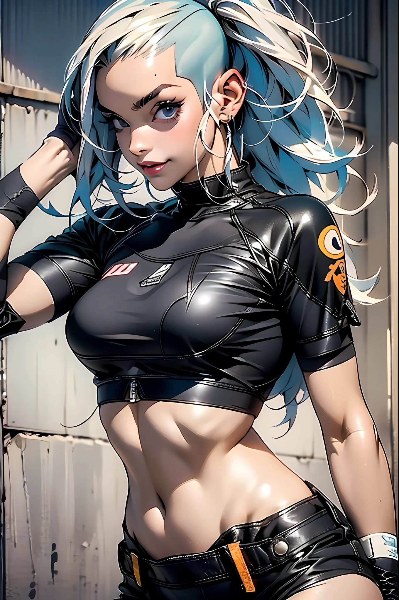 ((( corpo inteiro ))), master part, best quality, super detalhe, 8k, mulher linda, Tank Girl com cara de maluca, sorriso malicioso , roupa techno, (((corpo inteiro))), cabelo moicano colorido, garota punk, post-apocalyptic world, (( do tanque )), Nijistyle, roupas rasgadas e sujas, moicano curto, sides of shaved head, rosto limpo, corpo inteiro, Peito Inferior