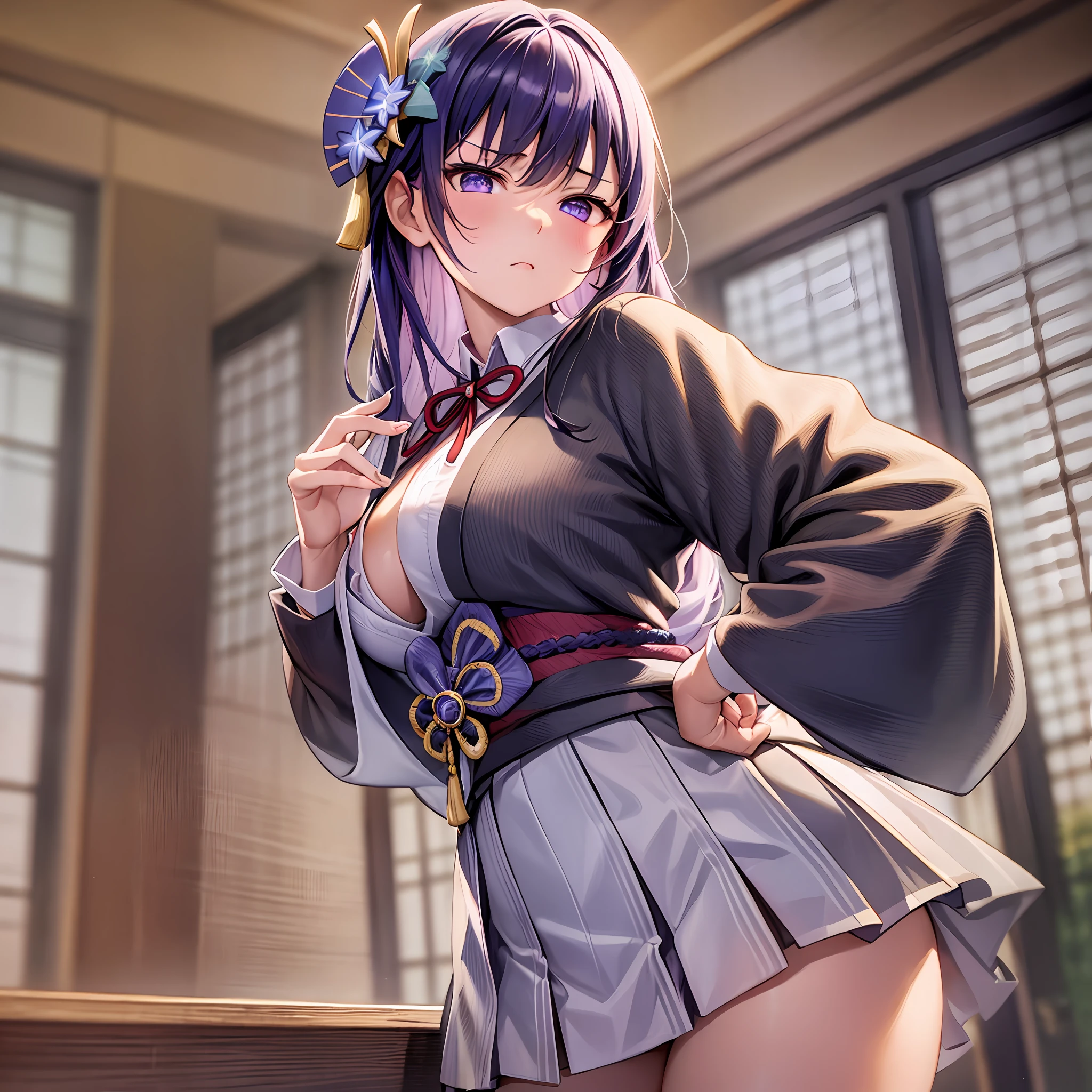 (masterpiece, best quality, ultra detailed, hyper realistic, photo),delicate pattern, detailed background, uncensored completely,
1raiden shogun, cowboy shot, japanese girl, class room,
school uniform, loose collar, skirt, looking over eyewear,
hair between eyes,
put up index finger and one hand on hip, angry with puffed cheeks,
from above, leaning forward,