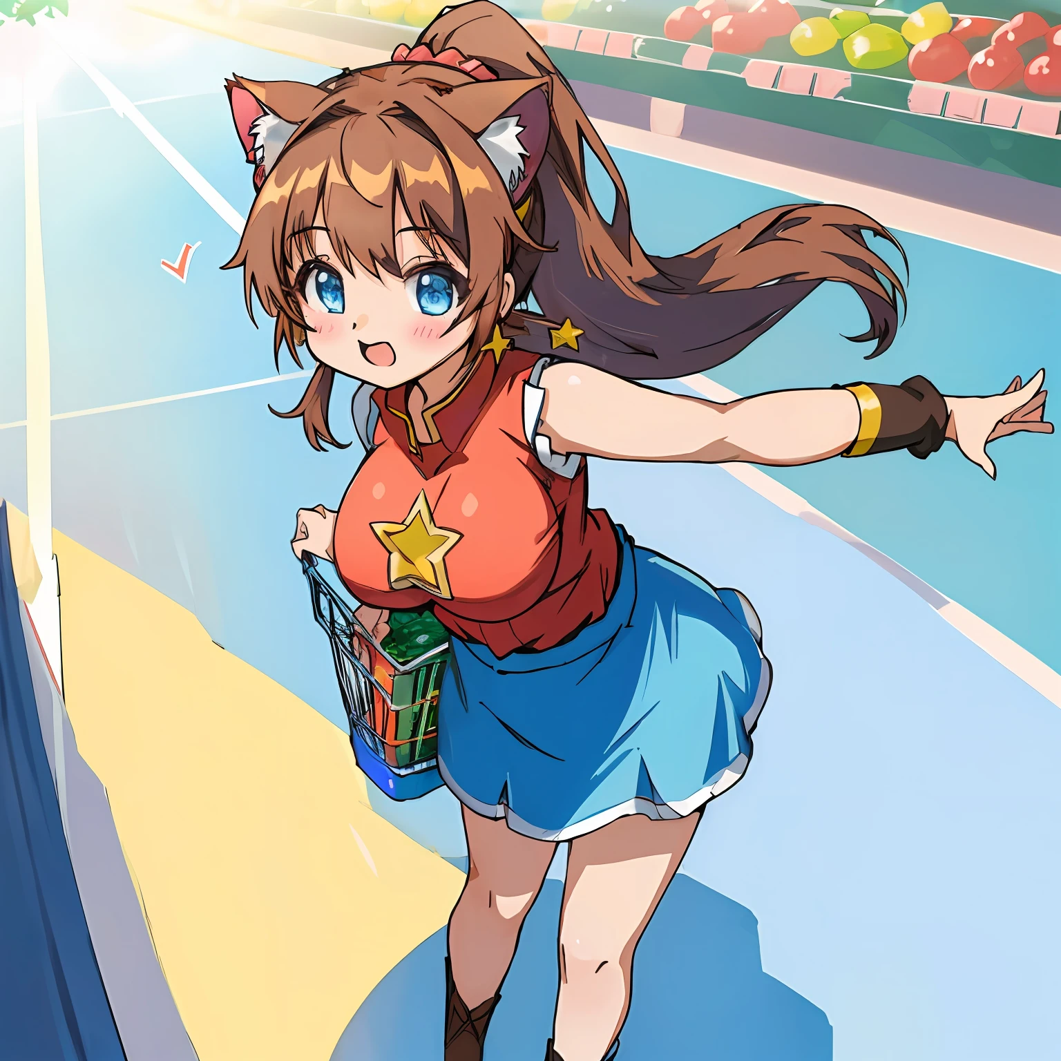 (Highly detailed CG Unity 8k wallpaper), (Best Quality), (Super Detail), (Best Illustration), (Best Shadow), POV, Realistic lighting and shading, Natural light, Lens flare effect, BREAK, 1 beautiful girl, Solo,(Cute:1.5),(Chibi:0.8), (kawaii:1.5),(Lori:0.5), BREAK,  ( (17 years old girl), Very detailed, colourfull, highest details, BREAK, (Huge breasts: 1. 2,), Clear skin, Beautiful skin, Shy skin, 1 beautiful girl, Brown hair, (Cat ears, Ponytail, medium-Long hair: 1. 2), (Light blue eyes, long eyelashes, Double eyelids: 1. 2), Solo,  gleaming skin, BREAK,(skirt by the,a miniskirt,Panchira:1.2), (Sleeveless, sleeveless shirts, Red Shirt:1.2),  (star-shaped earring:1.1), (Lace headband:1.0), (Cute Accessories:1.3), (A smile,Happiness:1.1), (is standing,Slouched:1.3), Holding a tomato in your right hand,Hanging a shopping cart on your left arm, (Angle from the front:1.1), BREAK, (Shopping Dating:1.2),(supermarket:1.5),(Multiple female customers)