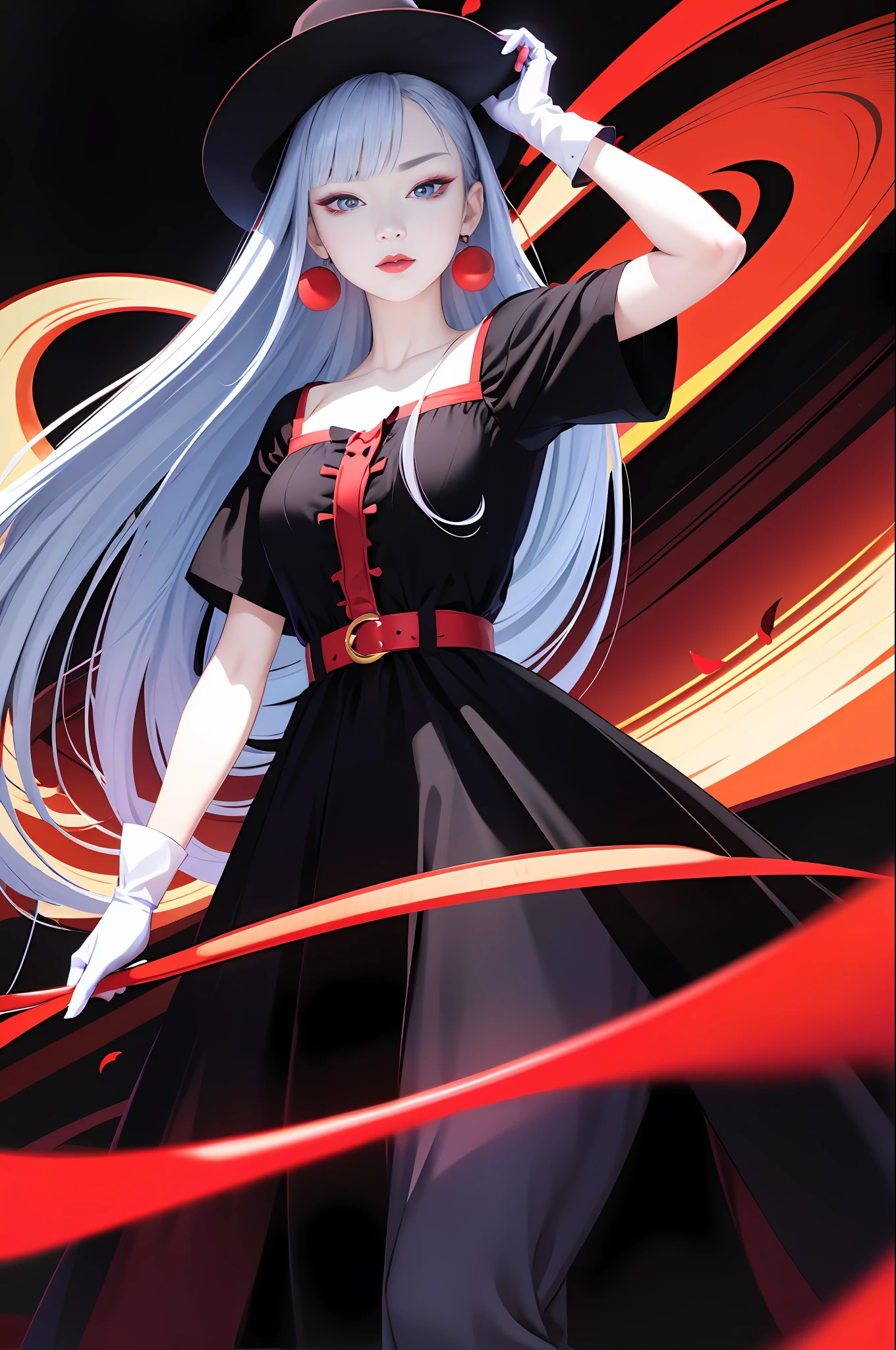 tsuruta ichiro, Narrow-eyed, 1girl in, Allback、Solo, Cowgirl, hat, red headwear、Red dress, ((mideum breasts)), (Super long hair:1.2), Thin slit eyes、blue grey eyes, Random colored hair, gloves, Dress, Jewelry, Upper body, earrings, sharp eye、Red Glove, elbow groves, Hand up, random color, random color dress, From Side, makeup, Slender eyes、lip stick, Complex petal pattern, Rim Light, Back Light, pastel color,