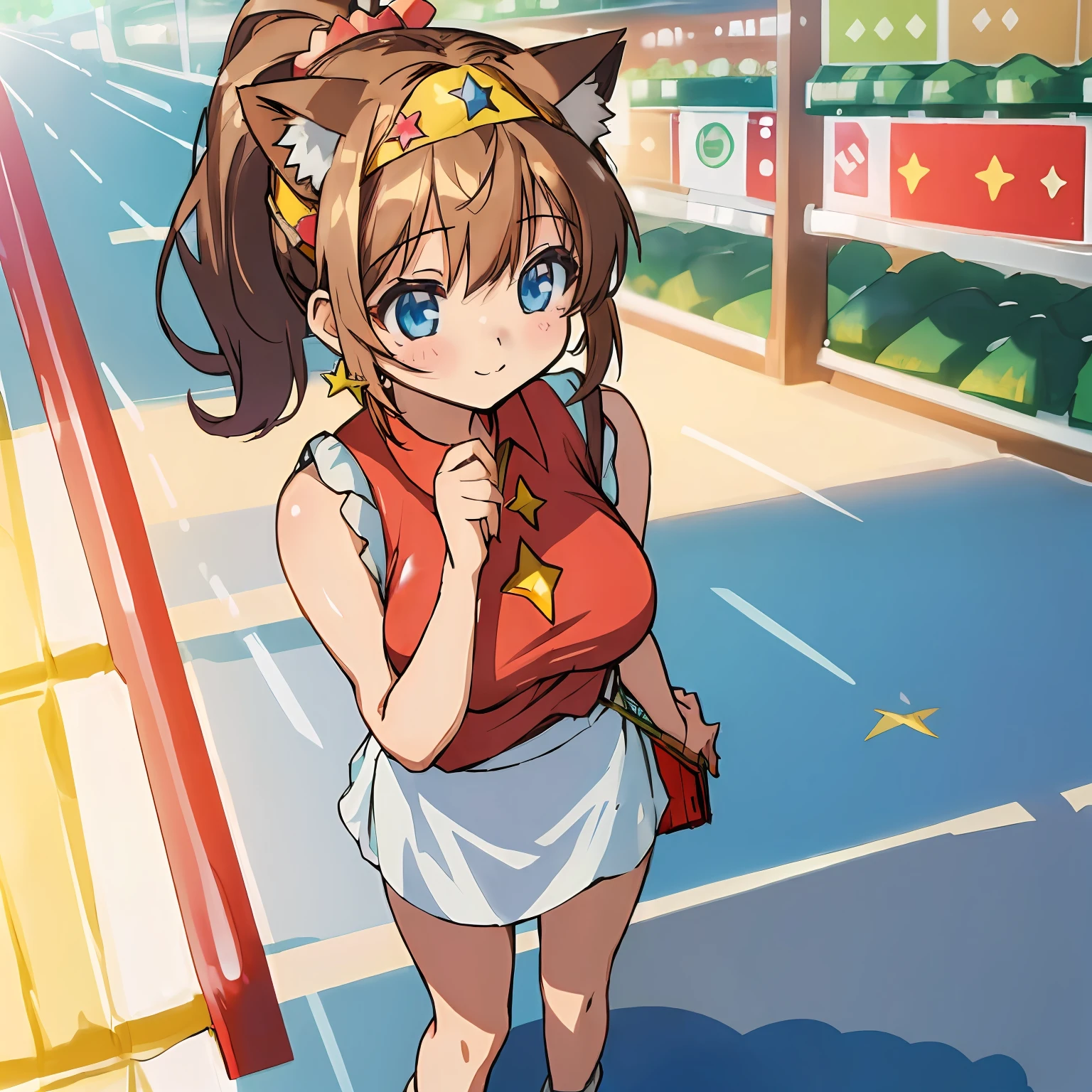 (Highly detailed CG Unity 8k wallpaper), (Best Quality), (Super Detail), (Best Illustration), (Best Shadow), POV, Realistic lighting and shading, Natural light, Lens flare effect, BREAK, 1 beautiful girl, Solo,(Cute:1.5),(Chibi:0.8), (kawaii:1.5),(Lori:0.5), BREAK,  ( ( girl), Very detailed, colourfull, highest details, BREAK, (Huge breasts: 1. 2,), Clear skin, Beautiful skin, Shy skin, 1 beautiful girl, Brown hair, (Cat ears, Ponytail, medium-Long hair: 1. 2), (Light blue eyes, long eyelashes, Double eyelids: 1. 2), Solo,  gleaming skin, BREAK,(skirt by the,a miniskirt,Panchira:1.2), (Sleeveless, sleeveless shirts, Red Shirt:1.2),  (star-shaped earring:1.1), (Lace headband:1.0), (Cute Accessories:1.3), (A smile,Happiness:1.1), (is standing,Slouched:1.3), Holding a tomato in your right hand,Hanging a shopping cart on your left arm, (Angle from the front:1.1), BREAK, (Shopping Dating:1.2),(supermarket:1.5),(Multiple female customers)