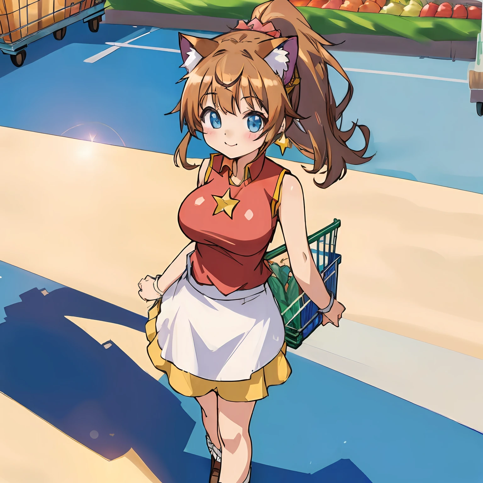 (Highly detailed CG Unity 8k wallpaper), (Best Quality), (Super Detail), (Best Illustration), (Best Shadow), POV, Realistic lighting and shading, Natural light, Lens flare effect, BREAK, 1 beautiful girl, Solo,(Cute:1.5),(Chibi:0.8), (kawaii:1.5),(Lori:0.5), BREAK, ( (17 years old girl), Very detailed, colourfull, highest details, BREAK, (Huge breasts: 1. 2,), Clear skin, Beautiful skin, Shy skin, 1 beautiful girl, Brown hair, (Cat ears, Ponytail, medium-Long hair: 1. 2), (Light blue eyes, long eyelashes, Double eyelids: 1. 2), Solo, gleaming skin, BREAK,(skirt by the,a miniskirt,Panchira:1.2), (Sleeveless, sleeveless shirts, Red Shirt:1.2), (star-shaped earring:1.1), (Lace headband:1.0), (Cute Accessories:1.3), (A smile,Happiness:1.1), (is standing,Slouched:1.3), Holding a tomato in your right hand,Hanging a shopping cart on your left arm, (Angle from the front:1.1), BREAK, (Shopping Dating:1.2),(supermarket:1.5),(Multiple female customers)