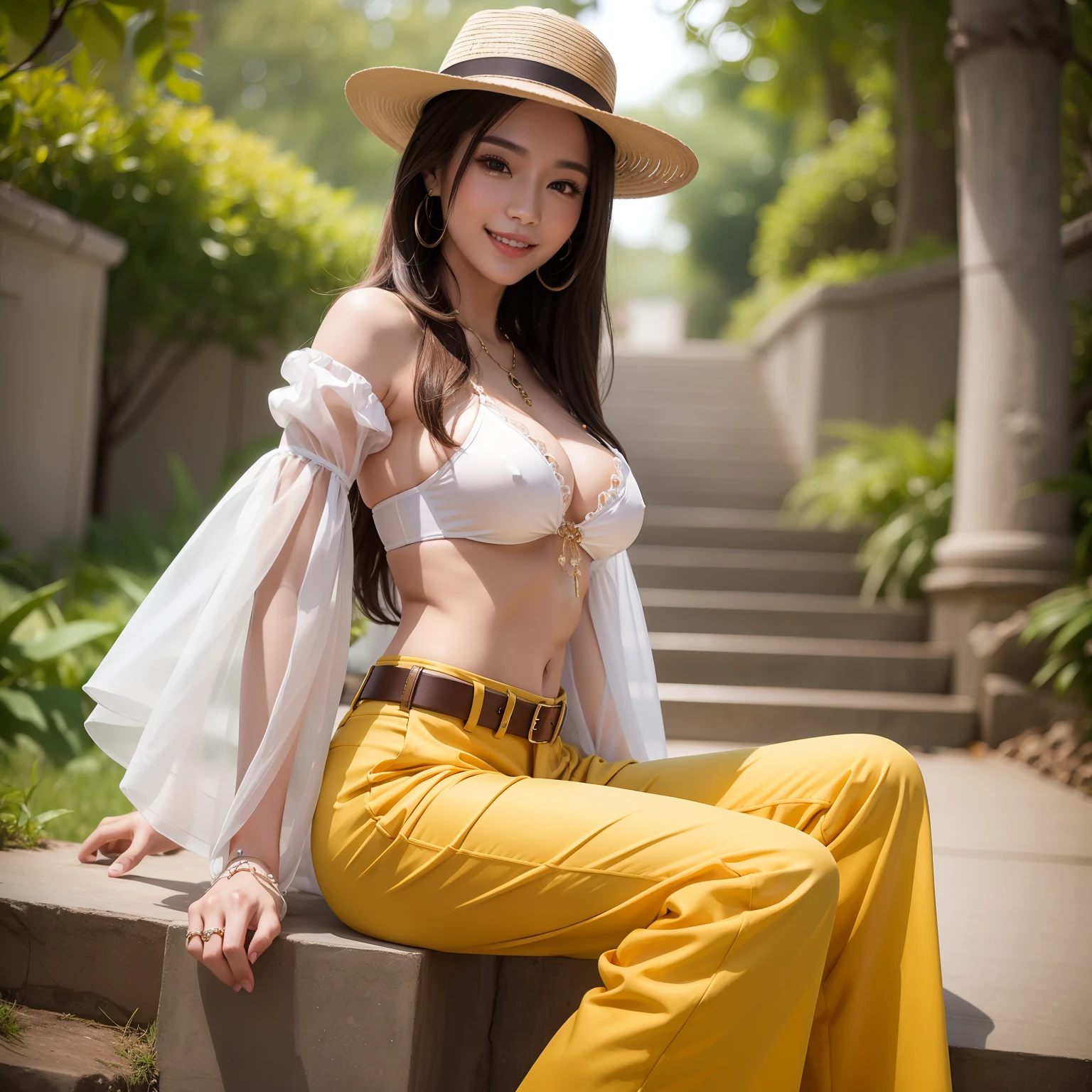 Top image quality、hight resolution、A detailed face、Beautiful Women in Perfect Style、affectionate smile、Flared pants、Gaucho Pants、Wide pants、big breasts thin waist、slim legs