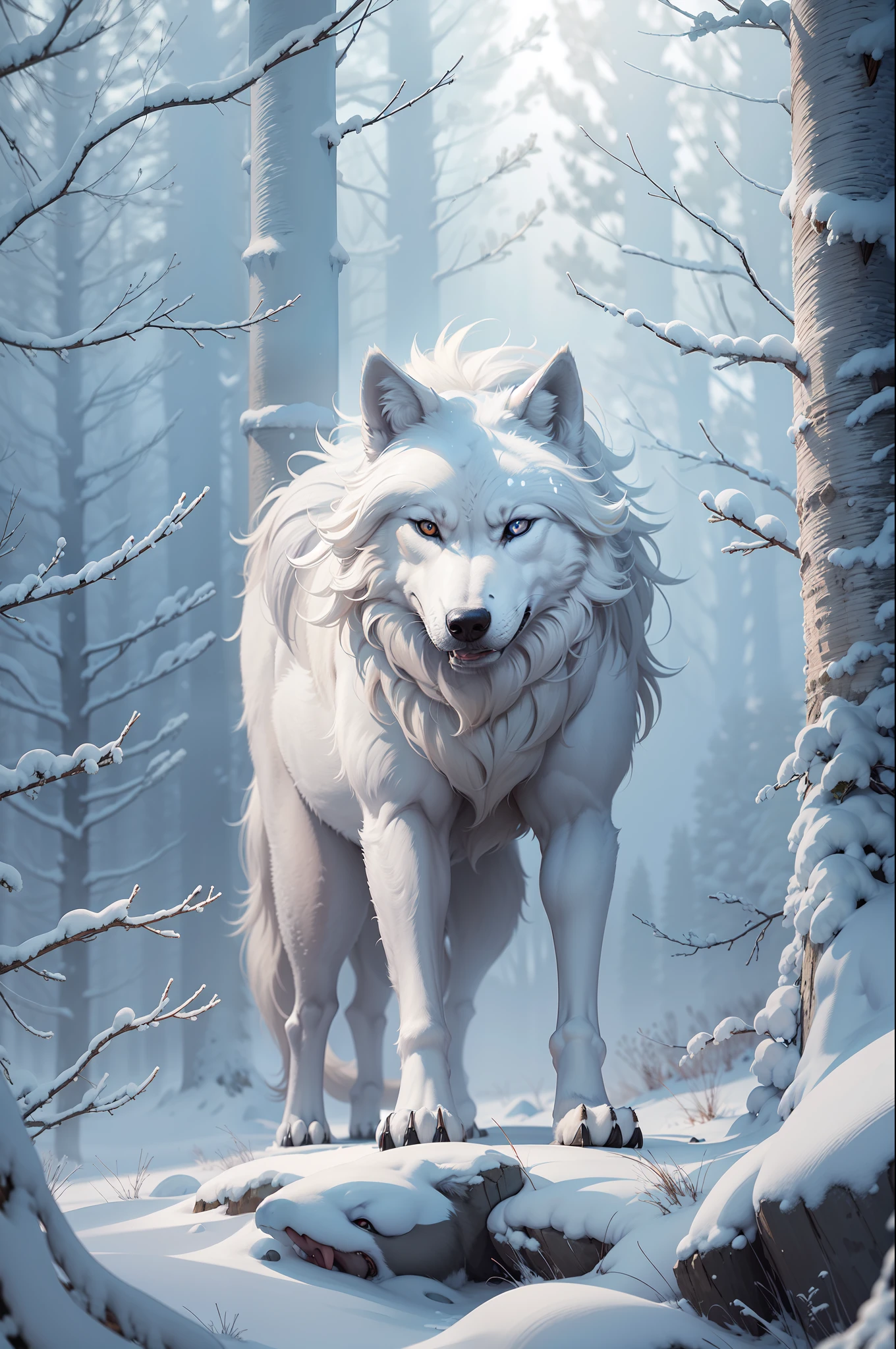 "winter wolf with piercing blue eyes and white fur, set in a Scandinavian forest in winter with snow. The wolf is highly detailed, strong, and big. It is looking directly at the viewer, portraying a slender and fluffy appearance."