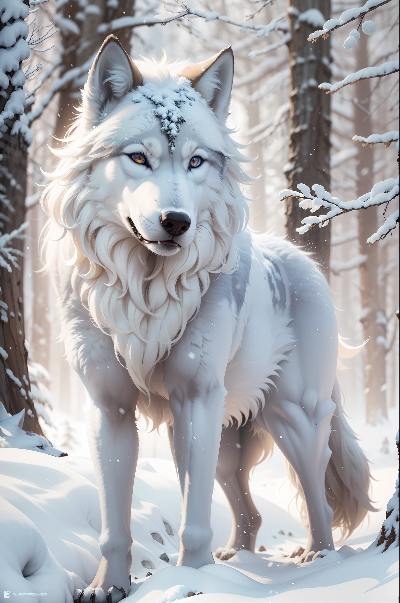 "winter wolf with piercing blue eyes and white fur, set in a Scandinavian forest in winter with snow. The wolf is highly detailed, strong, and big. It is looking directly at the viewer, portraying a slender and fluffy appearance."
