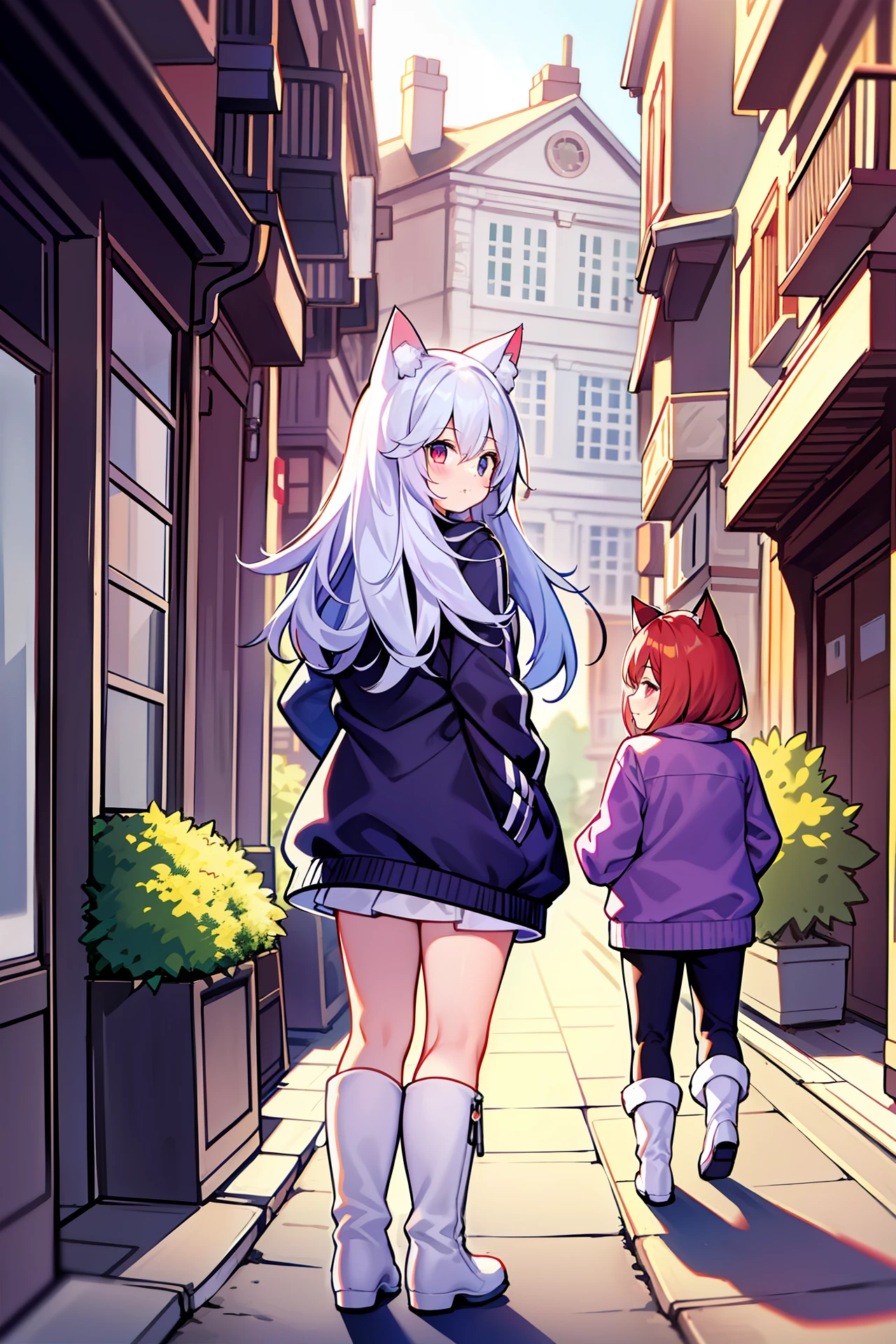 tmasterpiece, Need, 1girl, whaite hair, mid - length hair, cat ear, eye closeds, looking at viewert, :3, adolable, 围巾, jaket, exteriors, the street,white long boots