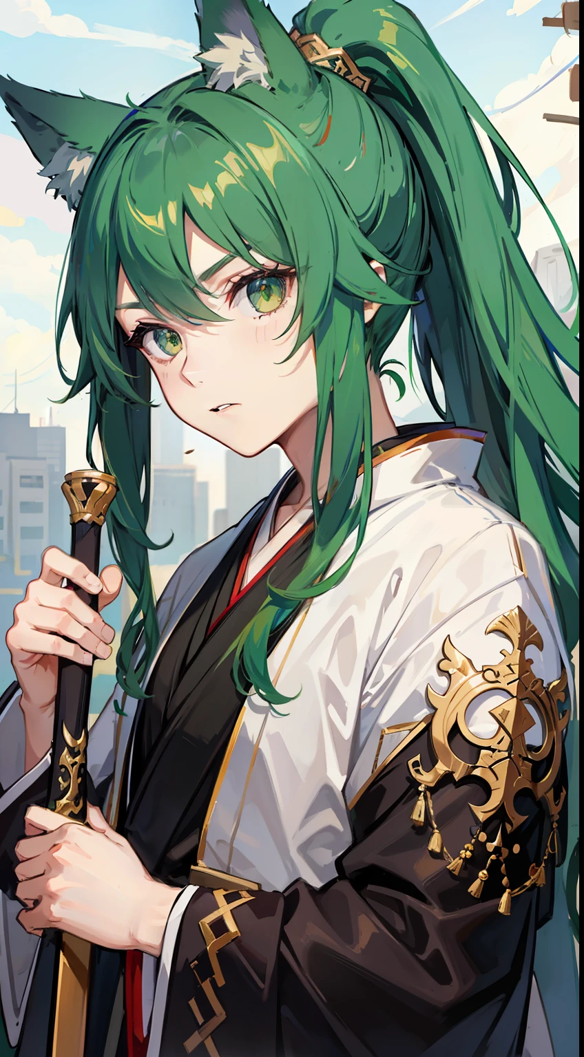 Tall guy, long green hair,high ponytail, Green eyes, wolf ears, Hanfu, a sword, A serious look, Masterpiece, hiquality