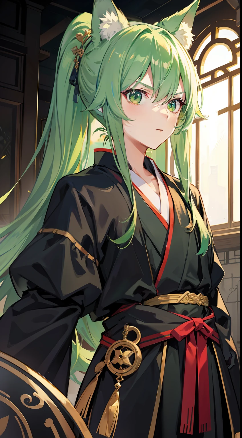 Tall guy, long green hair,high ponytail, Green eyes, wolf ears, Hanfu, a sword, A serious look, Masterpiece, hiquality