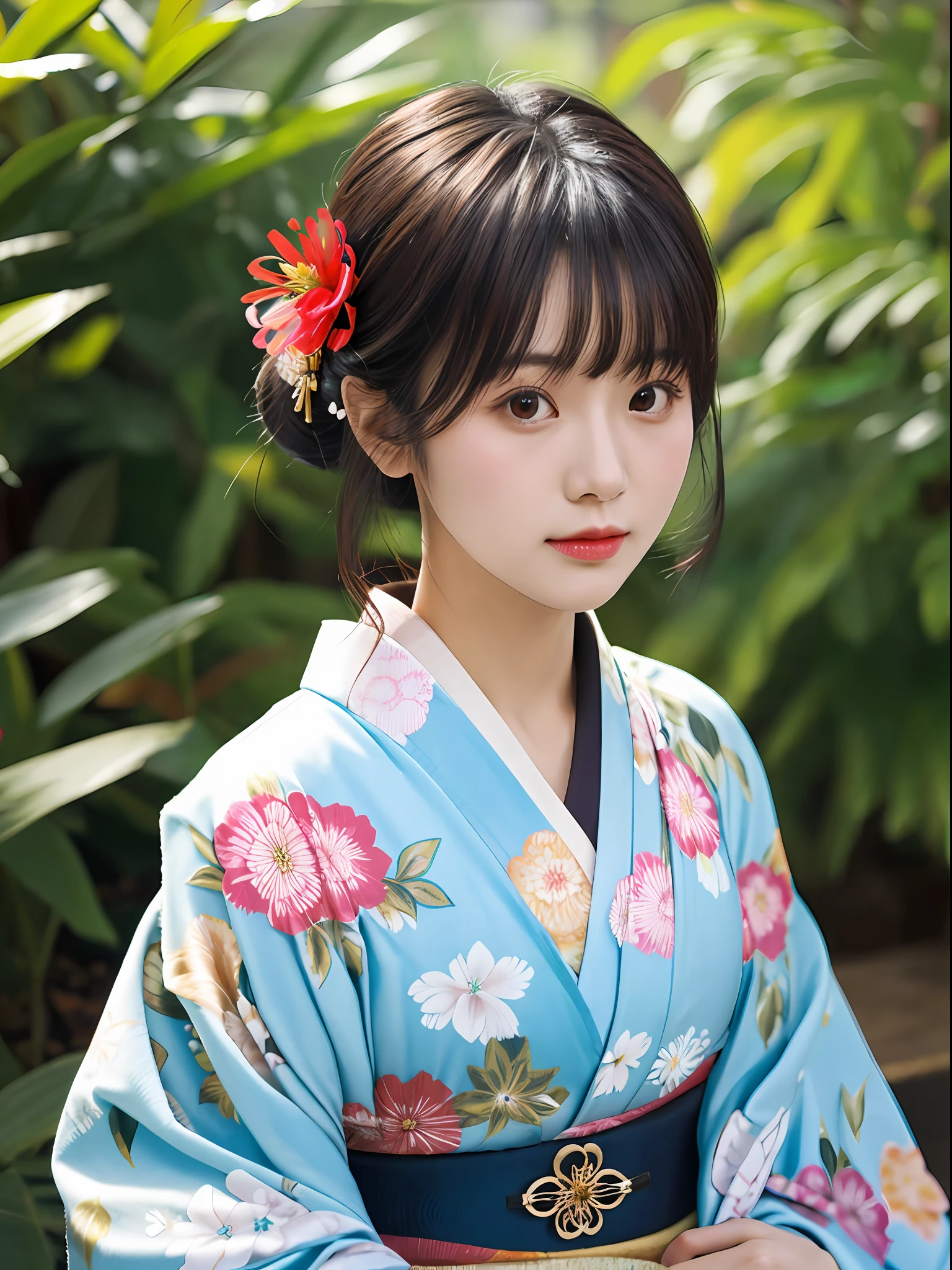 1girl, solo, outdoor, cute japanese model girl, kimono, floral print, hair ornament, looking at viewer, hair flower, brown eyes, bangs, masterpiece, best quality, realistic