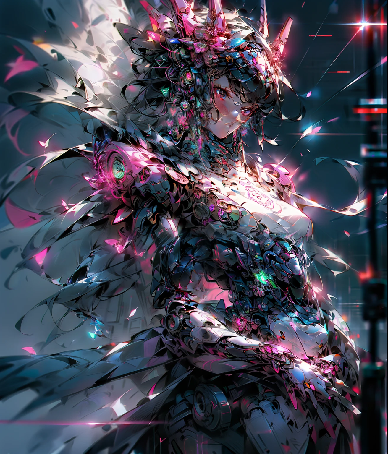 Mechanobiology，Pink mech，Up，opulent，Reflective，laser，cyber punk perssonage，eletric，neonlight，super detailing，rim-light ，full bodyesbian，Demon Killer，cruel，best qualtiy，The is very detailed，8K，超高分辨率，