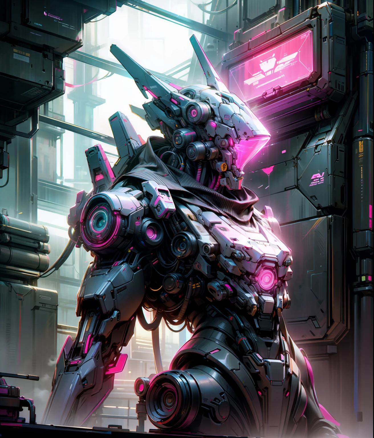 Mechanobiology，Pink mech，Up，opulent，Reflective，laser，Cyber fashion，droid，Cyberpunk AI，neon，eletric，neonlight，super detailing，rim-light ，full bodyesbian，Demon Killer，cruel，best qualtiy，The is very detailed，8K，超高分辨率，