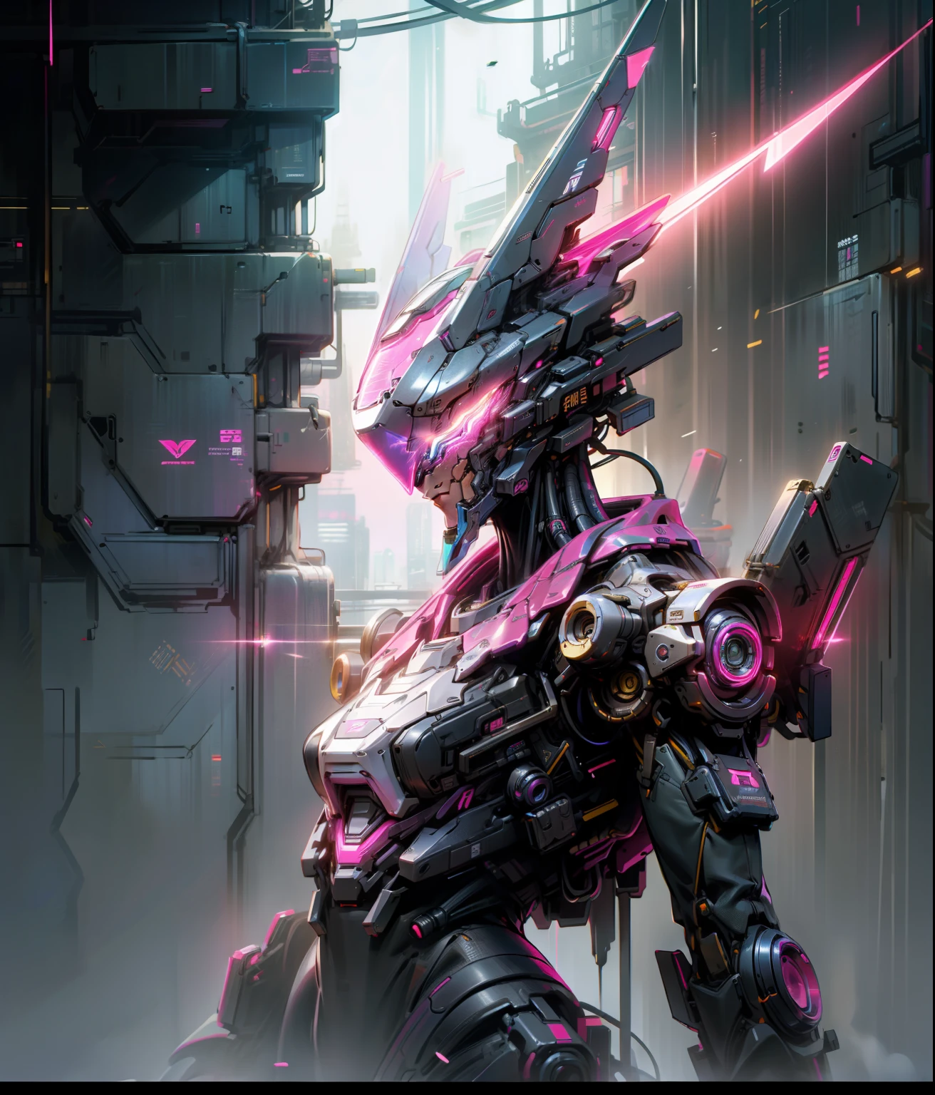 Mechanobiology,Pink mech,Up,opulent,Reflective,laser,Cyber fashion,droid,Cyberpunk AI,neon,eletric,neonlight,super detailing,rim-light ,full bodyesbian,Demon Killer,cruel,best qualtiy,The is very detailed,8K,超高分辨率,