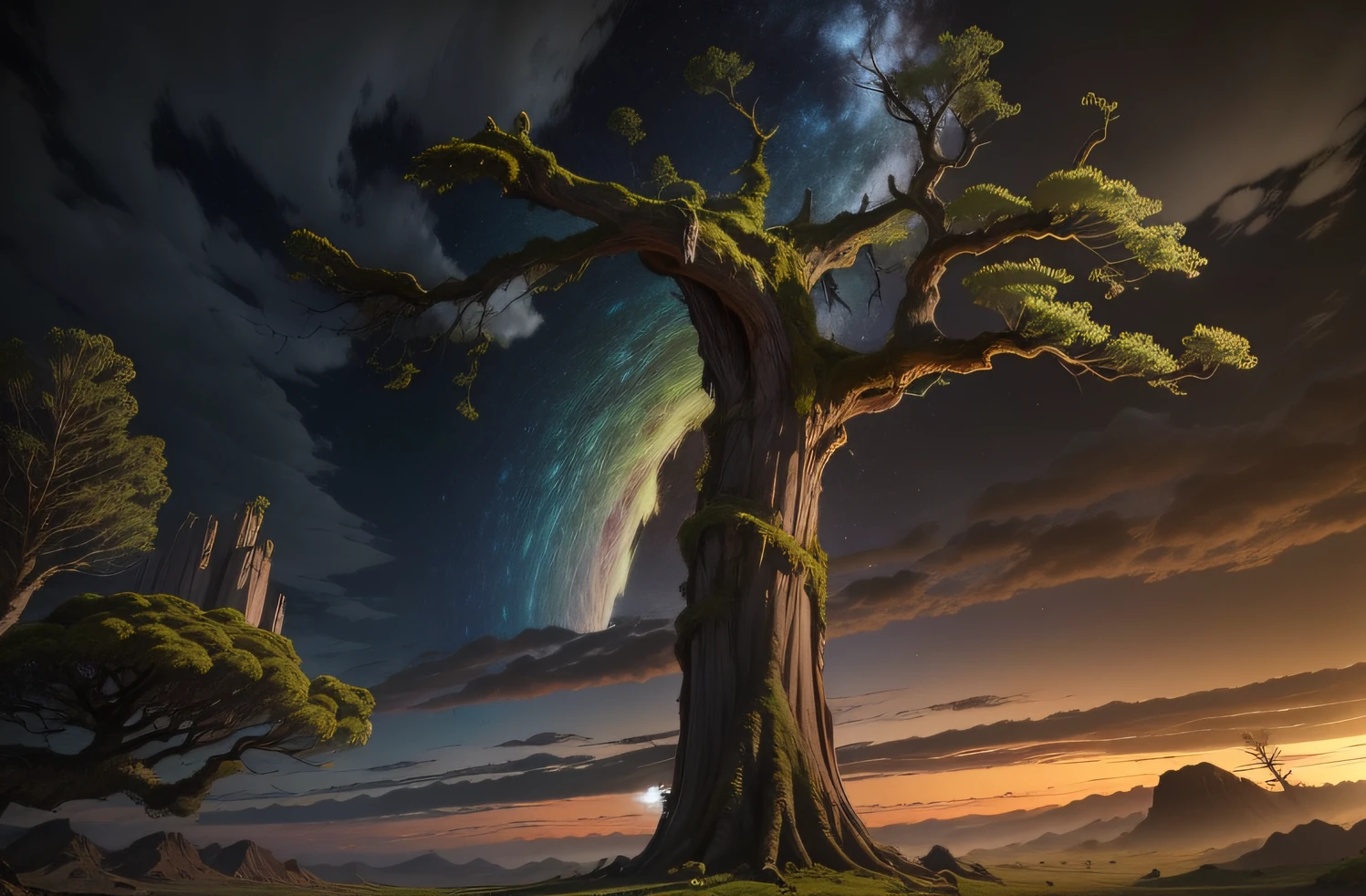 photo-realistic, 1000 years old, Alone a huge old tree with eyelashes, Over 500 feet,Above the hills, Mottled moss grows on brown bark, The tree has huge branches,Hundred tree root strips,and dense fluorescent leaves,blue-sky,high saturated