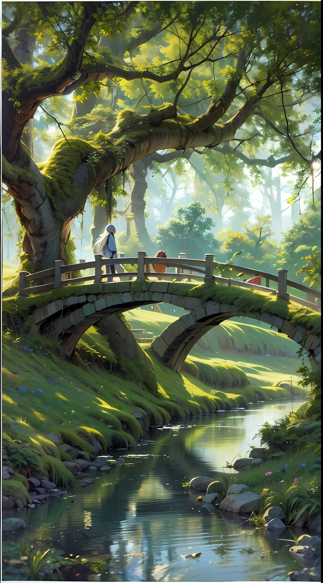 Over old trees wreathed with rotten vines fly evening crows，Under a small bridge near a cottage a stream flows，On ancient road in the west wind a lean horse goes，Westward declines the sun，Far, far from home is the heartbroken one。masterpiece, best quality, ultra-detailed, best shadow，8k，official art