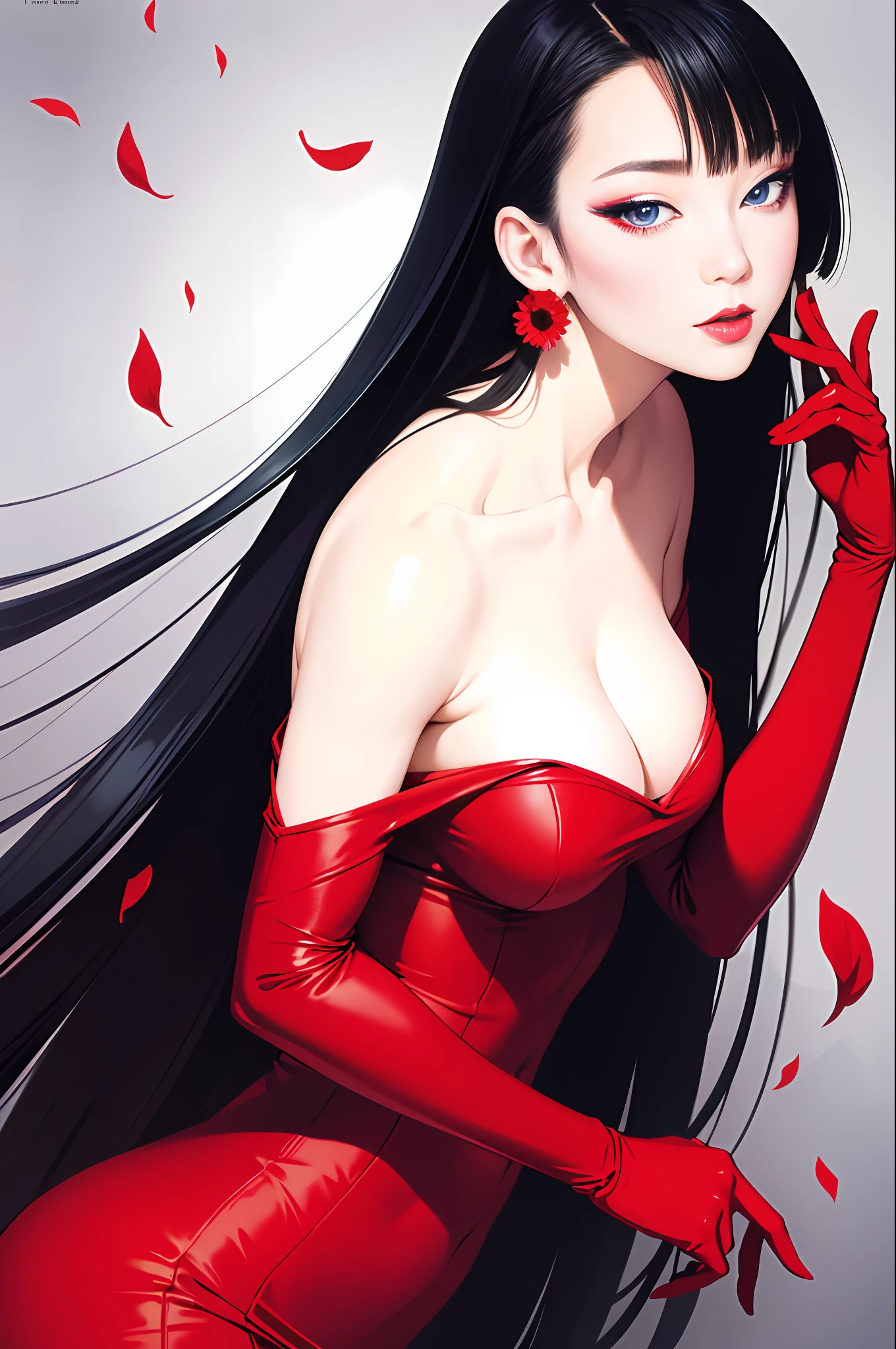 tsuruta ichiro, Narrow-eyed, 1girl in, Allback、Solo, Cowgirl, Red dress,  ((mideum breasts)),  (Super long hair:1.2), Thin slit eyes、blue grey eyes, Random colored hair, gloves, Dress,  Jewelry, Upper body, earrings, sharp eye、Red Glove, elbow groves, Hand up, random color, random color dress, From Side, makeup, Slender eyes、lip stick, Complex petal pattern, Rim Light, Back Light, pastel color,