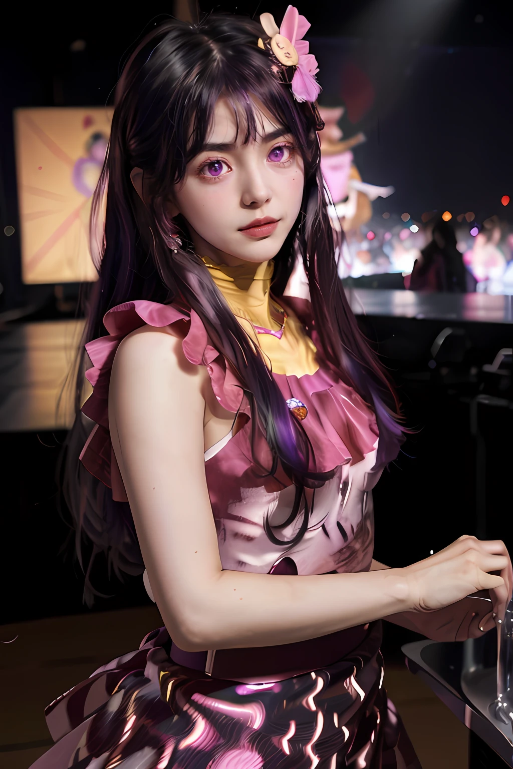 masterpiece, best quality,stage,1girl,purple hair,long hair,hair ornament, symbol-shaped pupils,pink dress,pink clothes,(simple background:0.5), (kbxll:0.6)