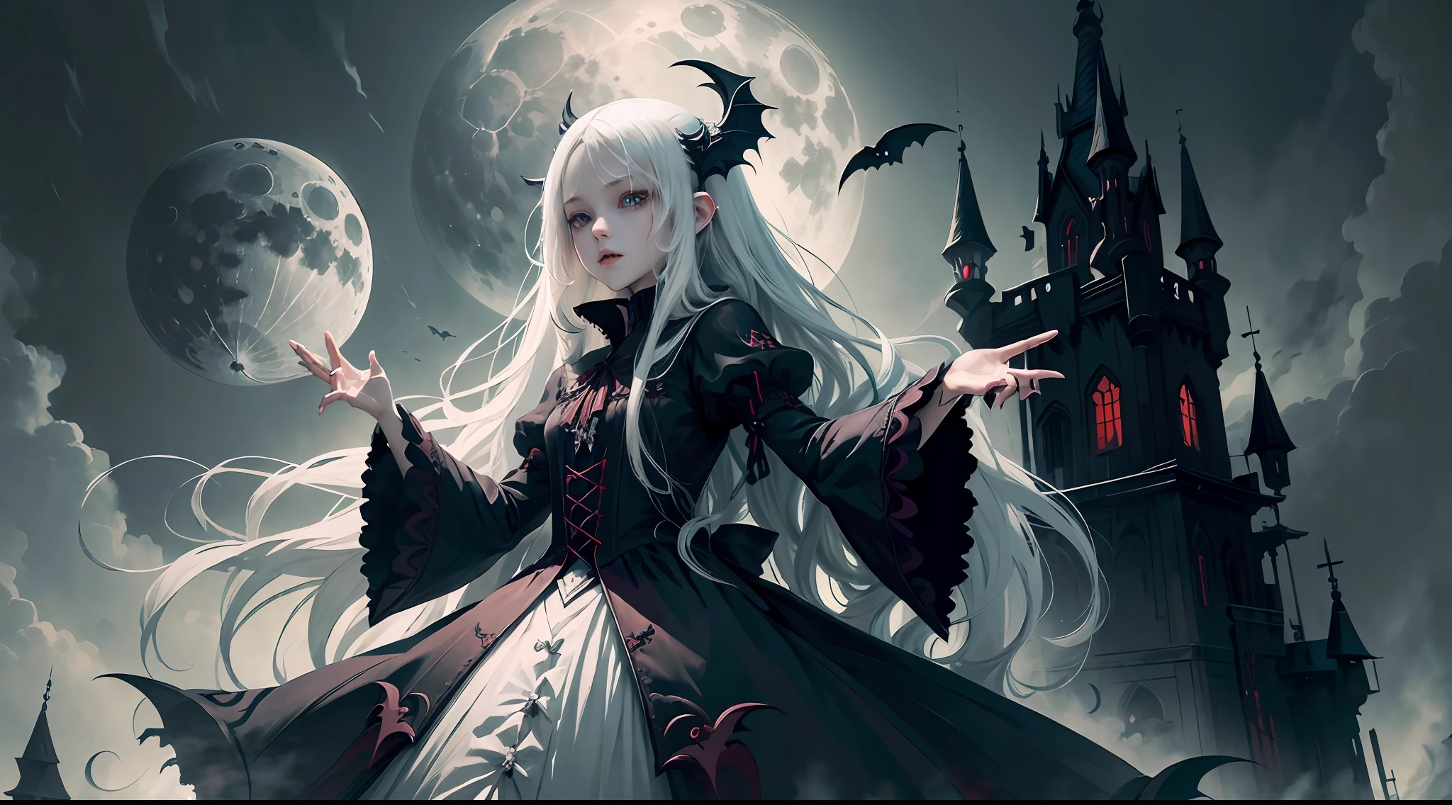 A vampire girl，long white hair，Reach out your hands forward，Blood-colored moon，（high qulity，Optimal detail：1.5），Sharp brushstrokes，Background of the fortress，Dark atmosphere