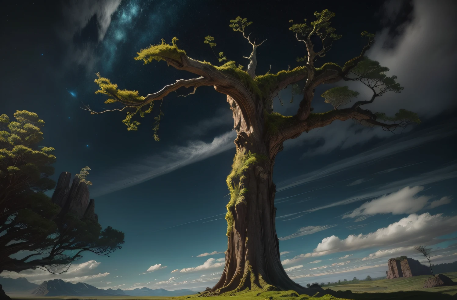 photo-realistic, 1000 years old, Alone a huge old tree with eyelashes, Over 500 feet,Above the hills, Mottled moss grows on brown bark, The tree has huge branches,Hundred tree root strips,and dense fluorescent leaves,blue-sky，high saturated