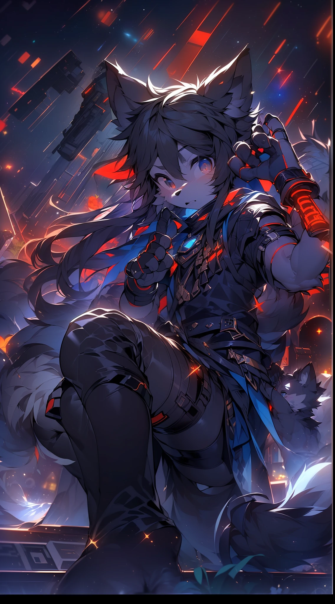 ((A wolf)),(((Handsome))),(((Shota))),(Blue-black hair),The background is one((Huge metal ball)),Ark,(((Extreme light and shadow))),(The light from the back window is backlighted),((((Wear black fingerless gloves)))),((((Wear black pedal stockings)))),(Blue light particles),(((((The dark space))))),((((Turn Back)))),(((Be red in the face))),((Behind you is the garden))