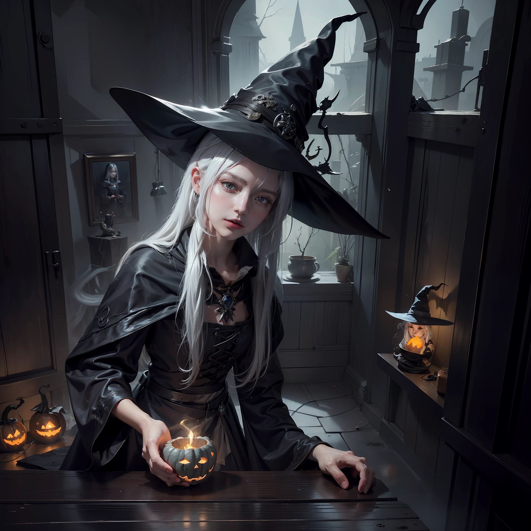 (masterpiece), (best quality), photorealism, realistic, ultra detailed, 8k resolution, (1girl), solo, beautiful girl, white hair, witch, front light, cinematic light, cold light, dark background, witch hat, indoor, mystery, fantasy, pumkin