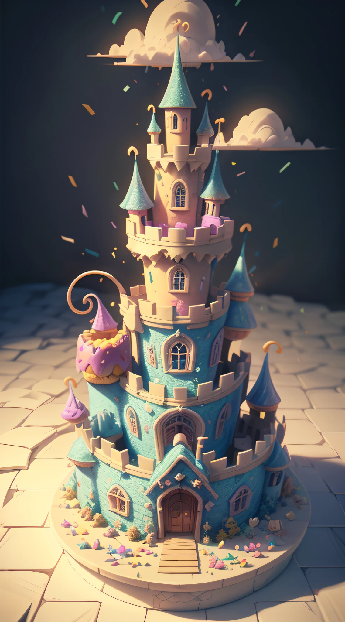 (f/2.4:1.2) (cute:1.3) (joyful:1.2) (colorful:1.2) (vibrant:1.2) (vivid:1.2) (a funny crooked castle 🏰 made with donuts:1.3) (candy sticks:1.2) (leaning:1.2) (sweet) (masterpiece) (cartoon lighting) (toon shading:1.2) (phone wallpaper) (ultra high detaild) (unreal engine 5) (confetti:1.3) (soft cartoon clouds:1.2)