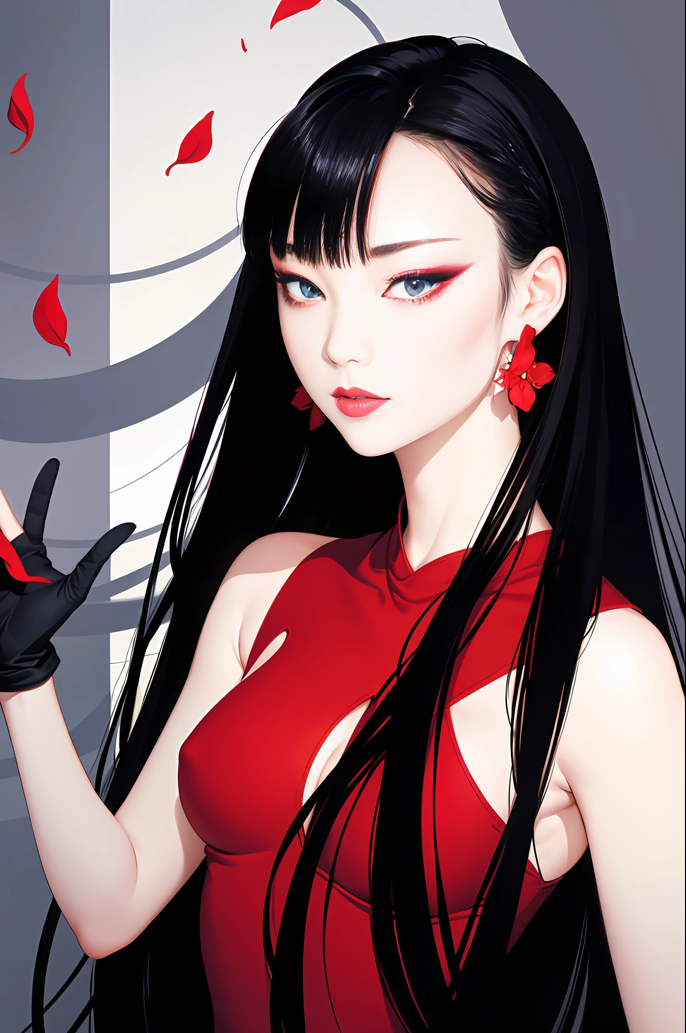 tsuruta ichiro, Narrow-eyed, 1girl in, Allback、Solo, Cowgirl, Red dress,  ((mideum breasts)),  (Super long hair:1.2), Thin slit eyes、blue grey eyes, Random colored hair, gloves, Dress,  Jewelry, Upper body, earrings, sharp eye、Red Glove, elbow groves, Hand up, random color, random color dress, From Side, makeup, Slender eyes、lip stick, Complex petal pattern, Rim Light, Back Light, pastel color,