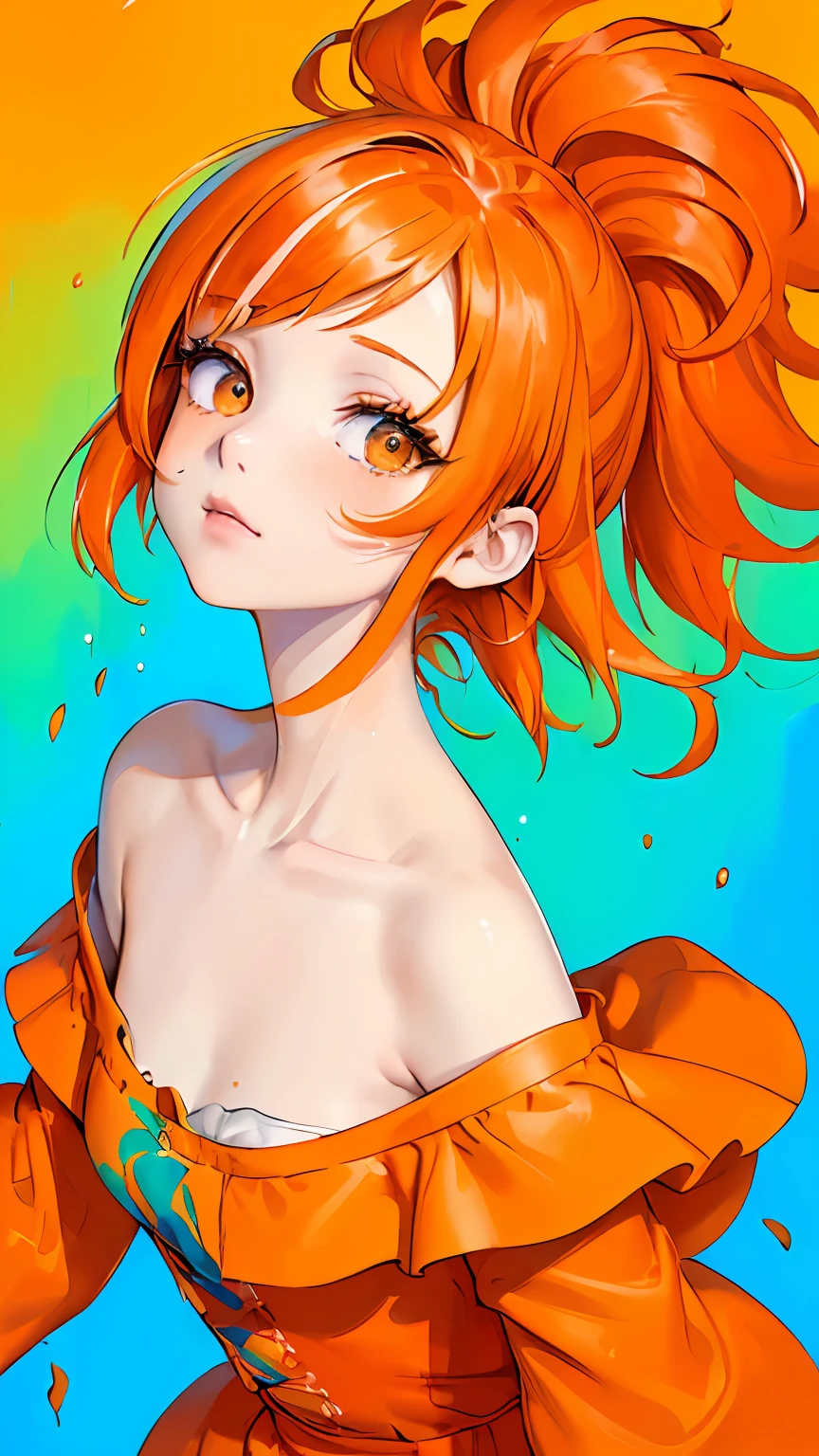 Red Fashion T-shirt：1.9），(orange hair: 1.8), (all the colours of the rainbow: 1.8),(((((vertical painting：1.6))), （painting：1.6），front, comics, illustrations, paintings, large eyes, orange clear eyes,（ rainbow color gradient high ponytail：1.7）, exquisite makeup, closed mouth,(Small Fresh: 1.5),(Wipe Chest: 1.6) ，long eyelashes, orange off shoulder T-shirt,  orange Shoulder Shirt，looking at the audience, large orange eyes, (rainbow colored hair：1.6), color splash, （solo：1.8）, color splash, color explosion, thick paint style, messy lines, ((shining))，(colorful), (colorful), (colorful), colorful, Thick Paint Style, (Splash) (Color Splash), Vertical Painting, Upper Body, Paint Splash, Acrylic Pigment, Gradient, Paint, Highest Image Quality, Highest Quality, Masterpiece, Solo, Depth of Field, Face Paint,  orange clothes, (Elegant: 1.2), gorgeous,long hair, wind, (Elegant: 1.3), (Petals: 1.4)，(((masterpiece))),(((best quality))),((ultra-detailed)),(illustration),(dynamic angle),((floating)),(paint),((disheveled hair)),(solo),(1girl) , (((detailed anima face))),((beautiful detailed face)),collar,bare shoulders,orange hair, ((orange hair)),((streaked hair)),beautiful detailed eyes,(orange color eyes),(((orange eyes))),(((colorful background))),(((high saturation))),(((surrounded by colorful splashes))),