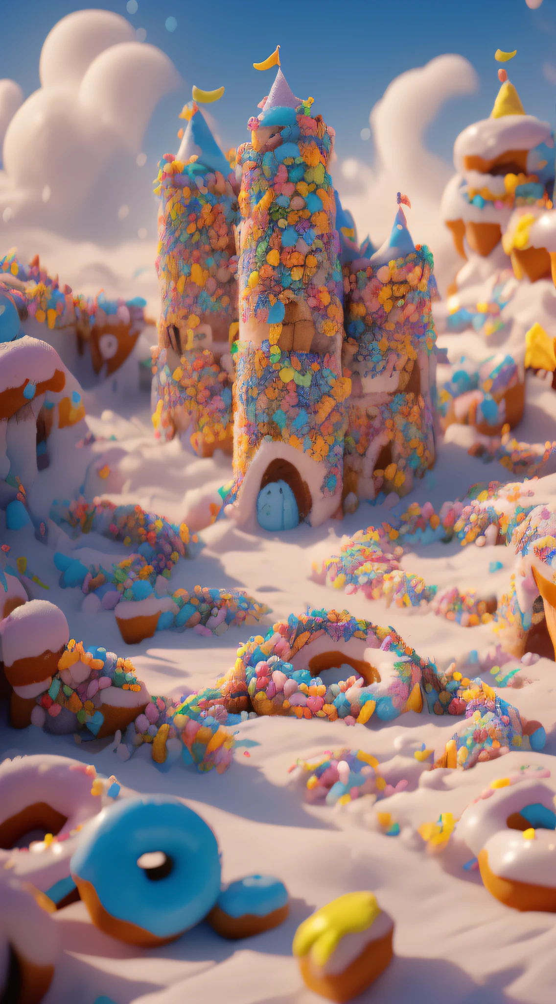 (f/2.4:1.2) (cute:1.3) (joyful:1.2) (colorful:1.2) (vibrant:1.2) (vivid:1.2) (a funny crooked castle 🏰 made with donuts:1.3) (candy sticks:1.2) (leaning:1.2) (sweet) (masterpiece) (cartoon lighting) (toon shading:1.2) (phone wallpaper) (ultra high detaild) (unreal engine 5) (confetti:1.3) (soft cartoon clouds:1.2)