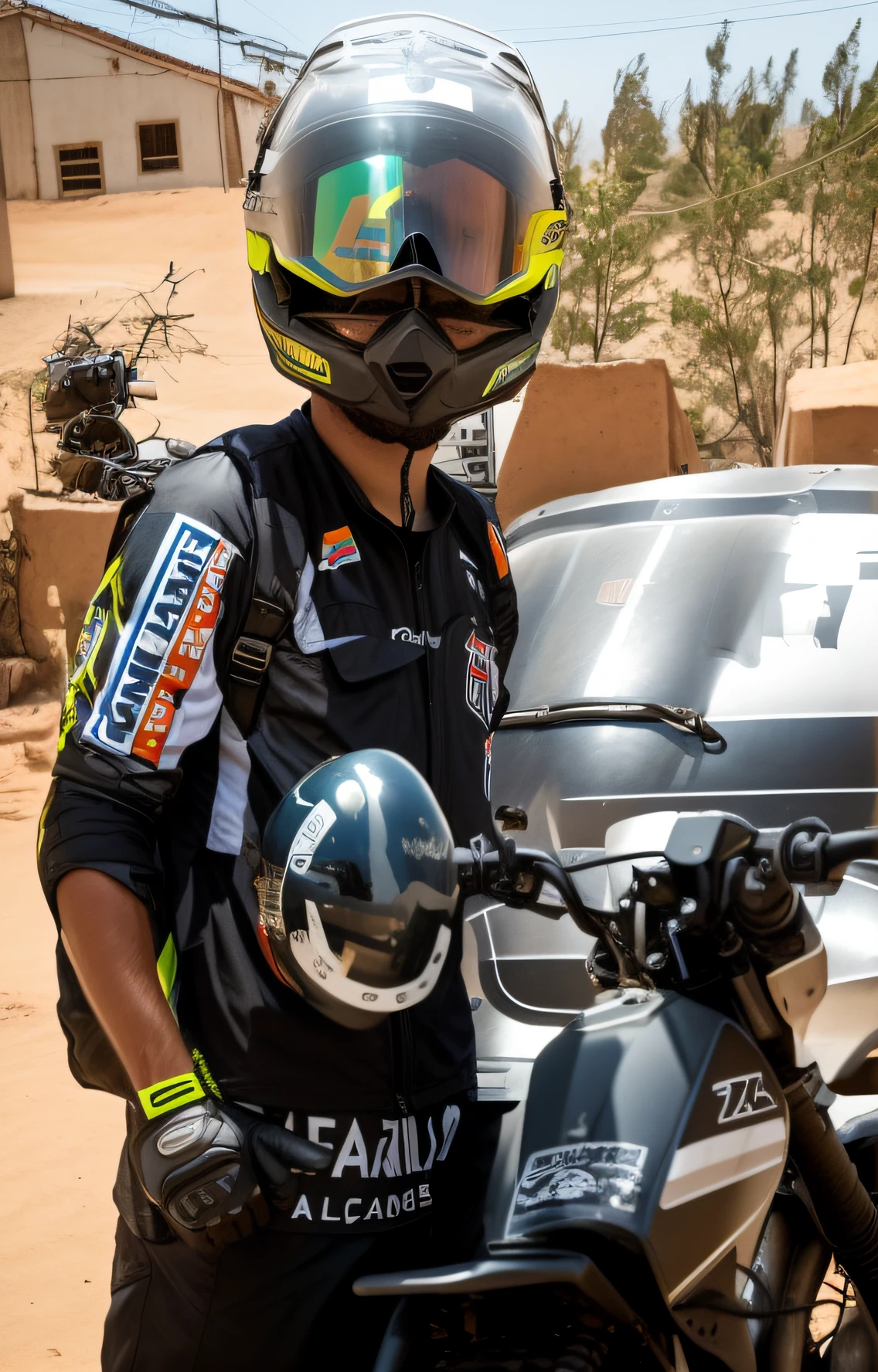 Man in helmet and goggles next to a motorcycle, andrea rocha, inspirado em Nathan Oliveira, Caroline Gariba, Alma piedosa, inspirado em Alex Petruk APe, caio santos, mateus 9 5, lucas graziano, motociclista, Directed by: Benjamin Marra, Malika Favre, moto dakar