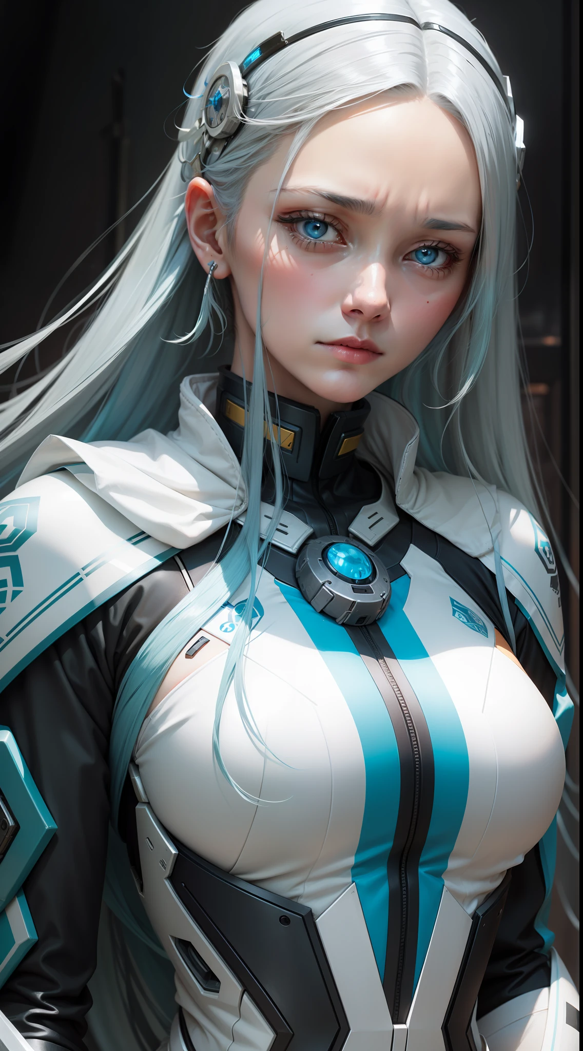 blue hairs,Long hair,Silver-white mech,Sad-eyed eyes,Gentle woman,