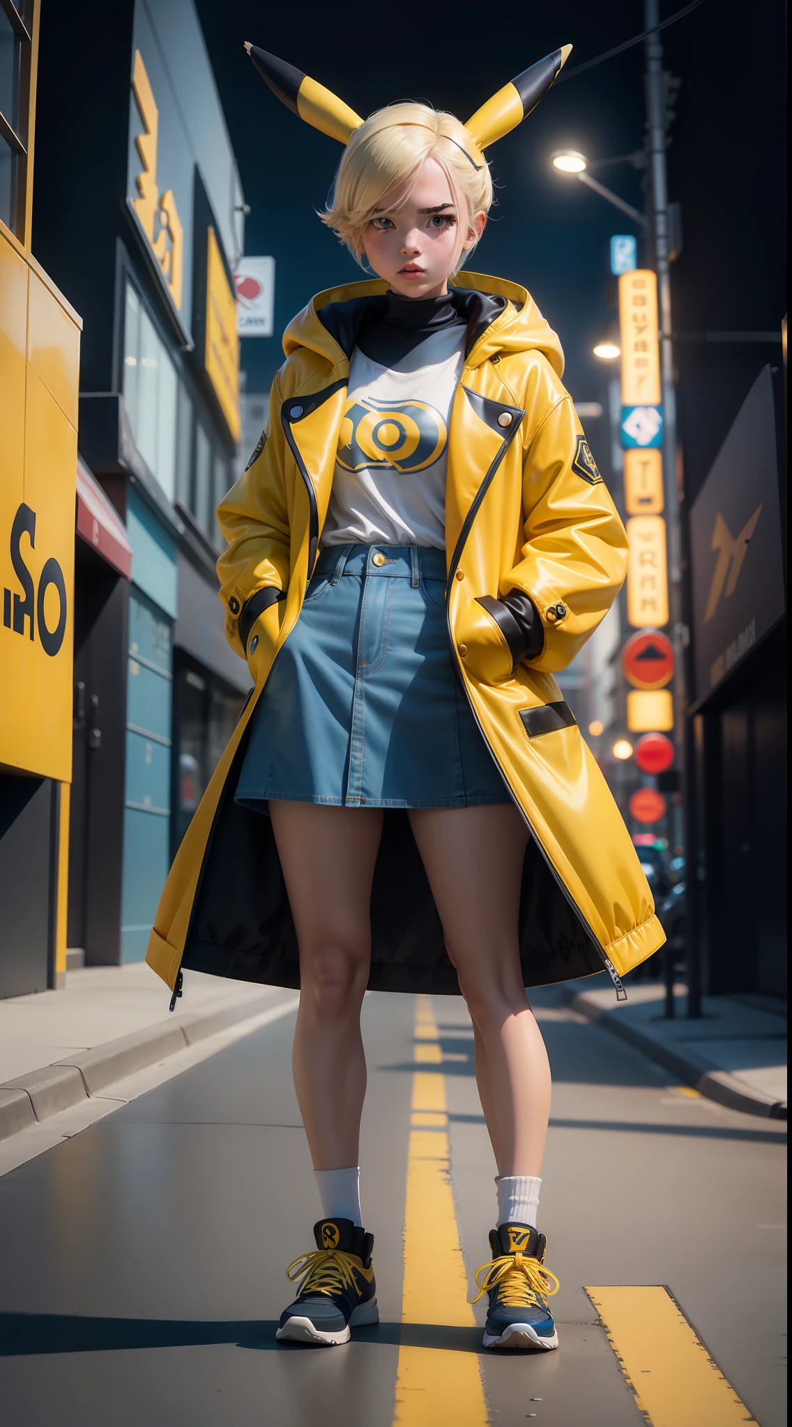 Pokémon, Pikachu coat，surrealism, Realism, Cinematic lighting, Fuji Film, Sony FE, Sony FE GM, hyper HD, Masterpiece, High quality, A high resolution, Super detail，Pikachu, A teenage girl, white skinned, hands in a pocket，sexy for, jaqueta de couro, short denim skirt, Blonde hair, Gradient hair, aqua eyes