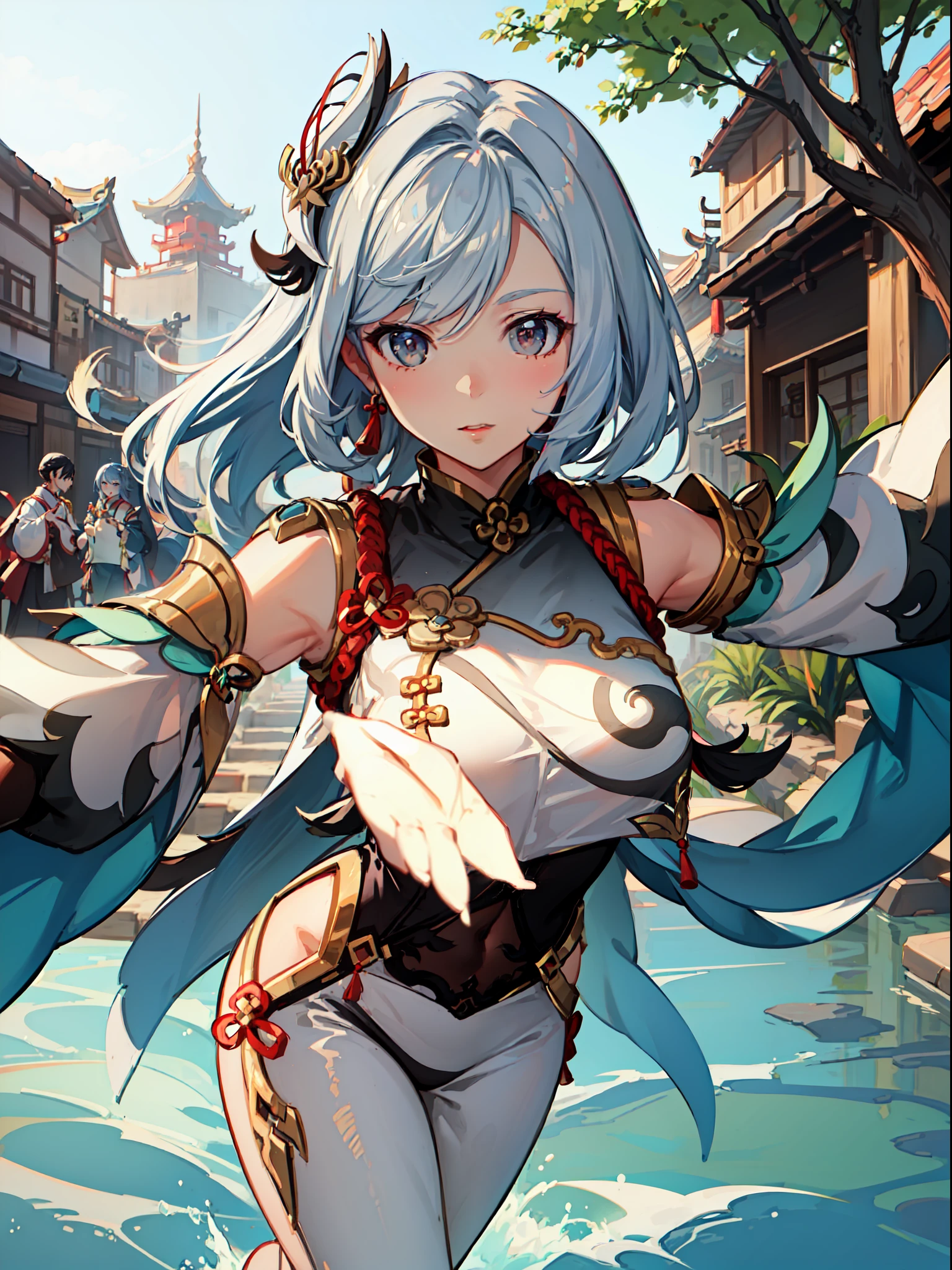 Shenhe \(Genshin_Impact\), gracefully strolling through a picturesque Chinese ancient town, striking a dynamic pose." (masterpiece), (perfect face), (perfect hand), (symetrical face proportions), (best quality) --4K --UHD
