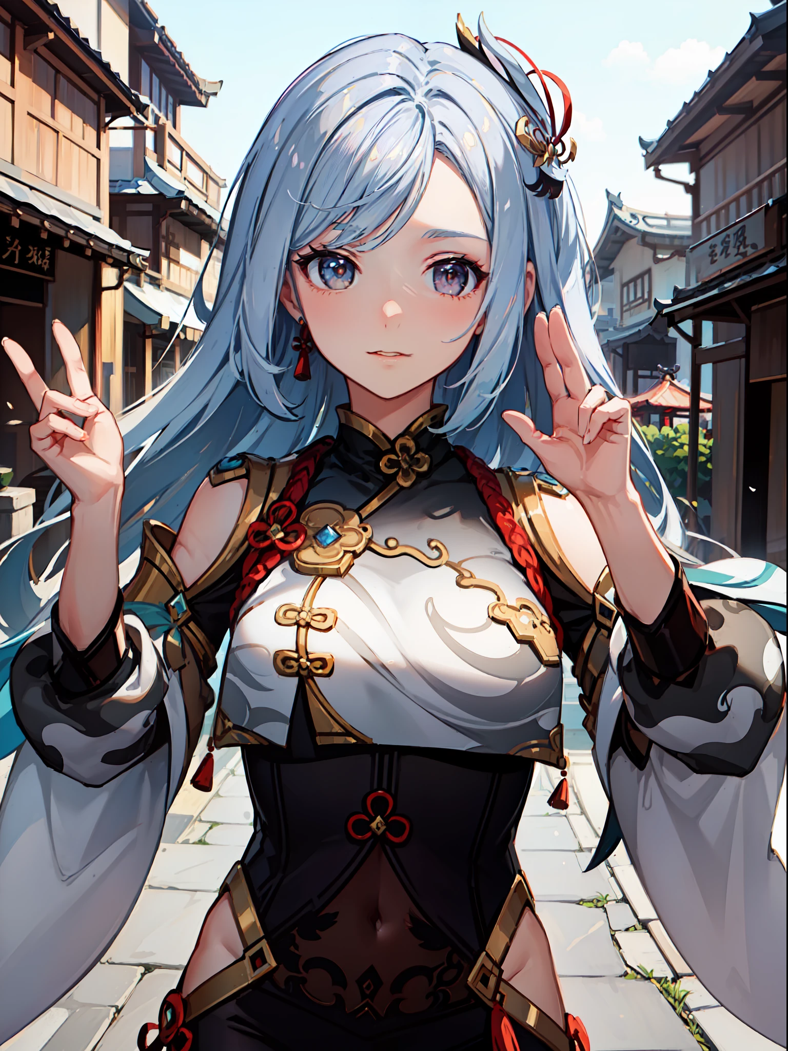 Shenhe \(Genshin_Impact\), gracefully strolling through a picturesque Chinese ancient town, striking a dynamic pose." (masterpiece), (perfect face), (perfect hand), (symetrical face proportions), (best quality) --4K --UHD