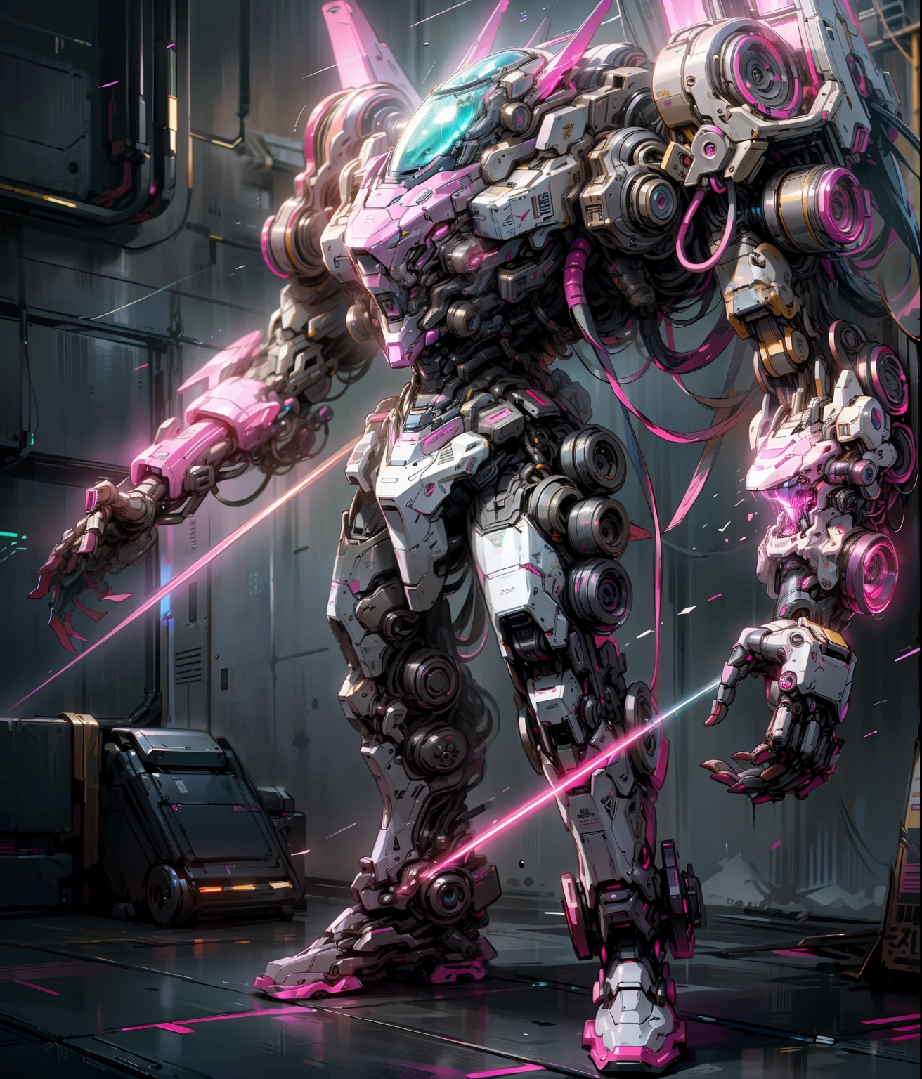 Mechanobiology，Pink mech，Up，opulent，Reflective，laser，Cyber fashion，droid，Cyberpunk AI，neon，eletric，neonlight，super detailing，rim-light ，full bodyesbian，Demon Killer，cruel，best qualtiy，The is very detailed，8K，超高分辨率，