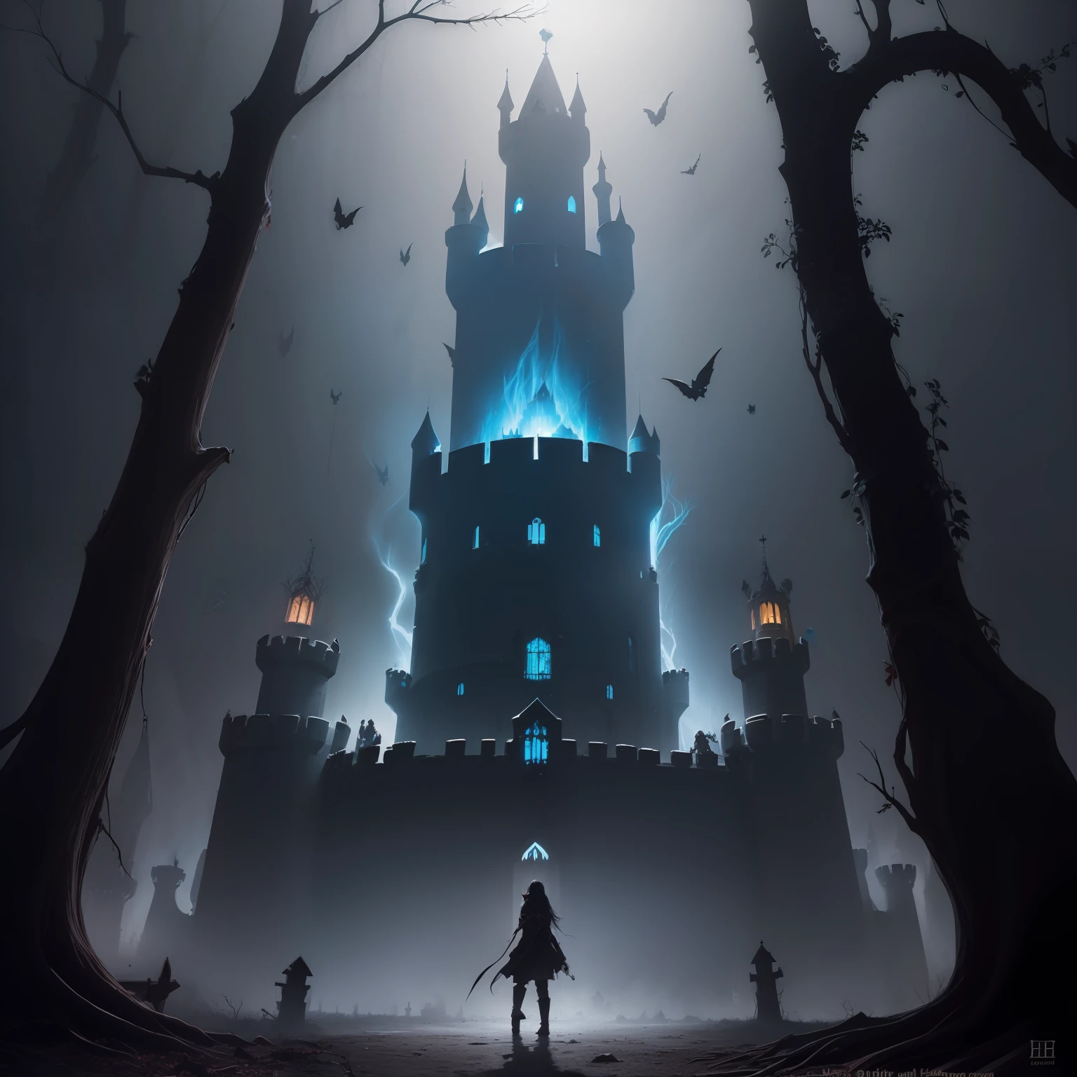 (1 dark castle::1.5) , (dead heads hanging from branches:1.3), Castelo vivo antigo do inferno, fantasia sombria, anime version, manga, anime obra prima , anime 2d