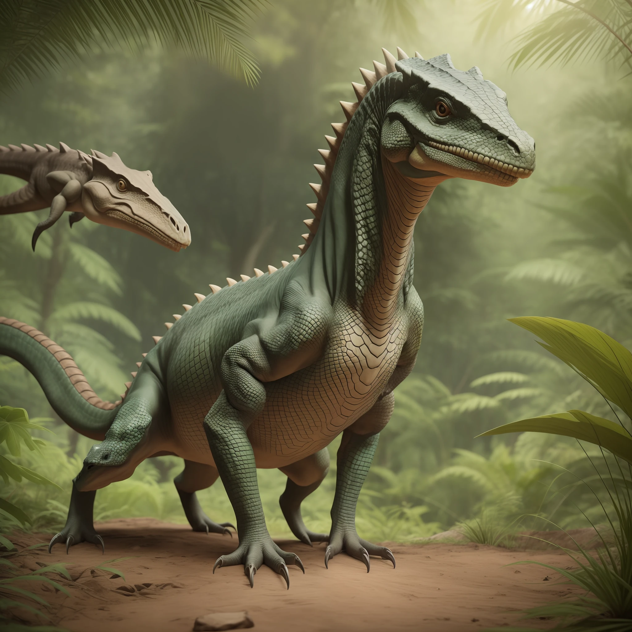 Create a photorealistic image of a cryptozoological being in a jungle that is similar to a dinosaur reptile, middle neck, lizard-like skull, scales on the back like breastplate, dentes afiados, carnivore, quatro patas, cauda longa serpenteando, predador (8k, Foto RAW, melhor qualidade, obra-prima: 1.2), (realista, fotorrealista: 1.37), detalhes insanos, patas perfeitas, escamas intrincadas e detalhadas, Olhos vermelhos, olhos incrivelmente detalhados, Saurian, criatura sinistra