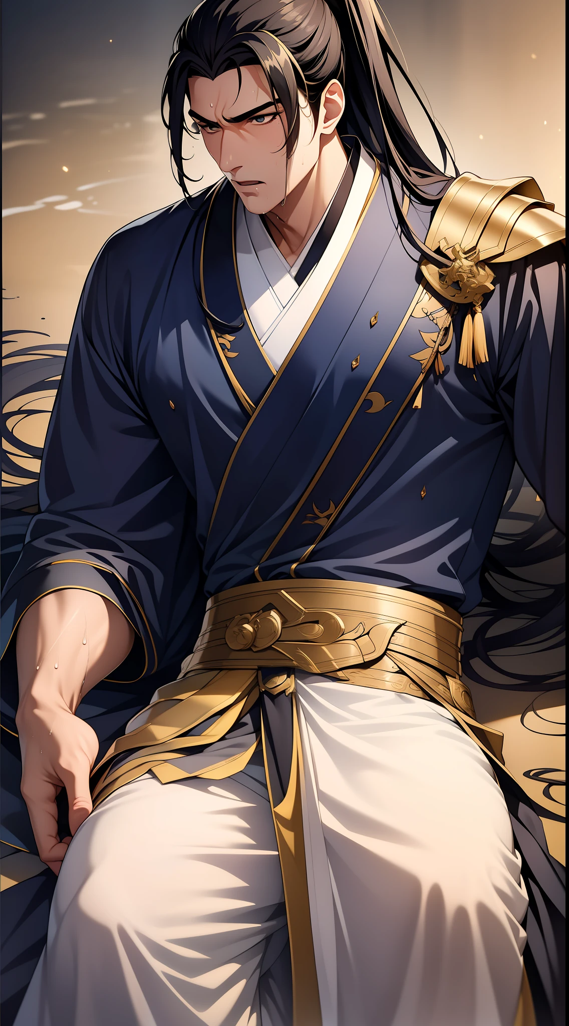 quadratic element,style of anime,mtu(Male Warrior),musculature,The proportions are correct,Face details,swordsmen,High ponytail hairstyle,perspired,Sweat on the face,drools,Neck details,There is an Adam's apple,Get wet,Drenched,Black Hanfu,kaftan,Embroidered robes,Black robe,clothes details,Handing over,longer sleeves,Game quality,Swordsmanship,Light and shadow tracking,Ray traching,detailed glow,cg render,hair detail,cabelos preto e longos,Golden eyes,Sweat on the face,Handsome,Handsome,Beads of sweat slipped down my neck,(juvenile sense),Clothing is complicated,Drenched,Get wet,Perfectcomposition,Refinement,high qulity,higher details,Lots of details,The background is complex,a sense of atmosphere,