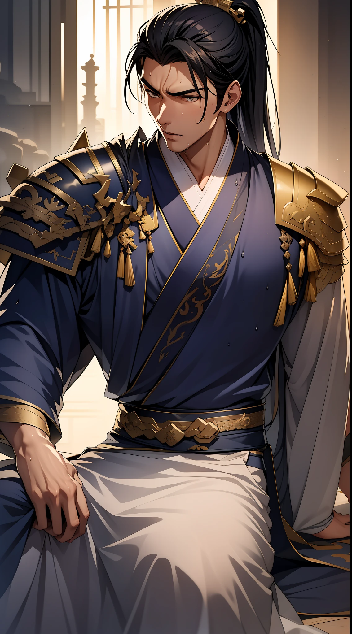 quadratic element,style of anime,mtu(Male Warrior),musculature,The proportions are correct,Face details,swordsmen,High ponytail hairstyle,perspired,Sweat on the face,drools,Neck details,There is an Adam's apple,Get wet,Drenched,Black Hanfu,kaftan,Embroidered robes,Black robe,clothes details,Handing over,longer sleeves,Game quality,Swordsmanship,Light and shadow tracking,Ray traching,detailed glow,cg render,hair detail,cabelos preto e longos,Golden eyes,Sweat on the face,Handsome,Handsome,Beads of sweat slipped down my neck,(juvenile sense),Clothing is complicated,Drenched,Get wet,Perfectcomposition,Refinement,high qulity,higher details,Lots of details,The background is complex,a sense of atmosphere,