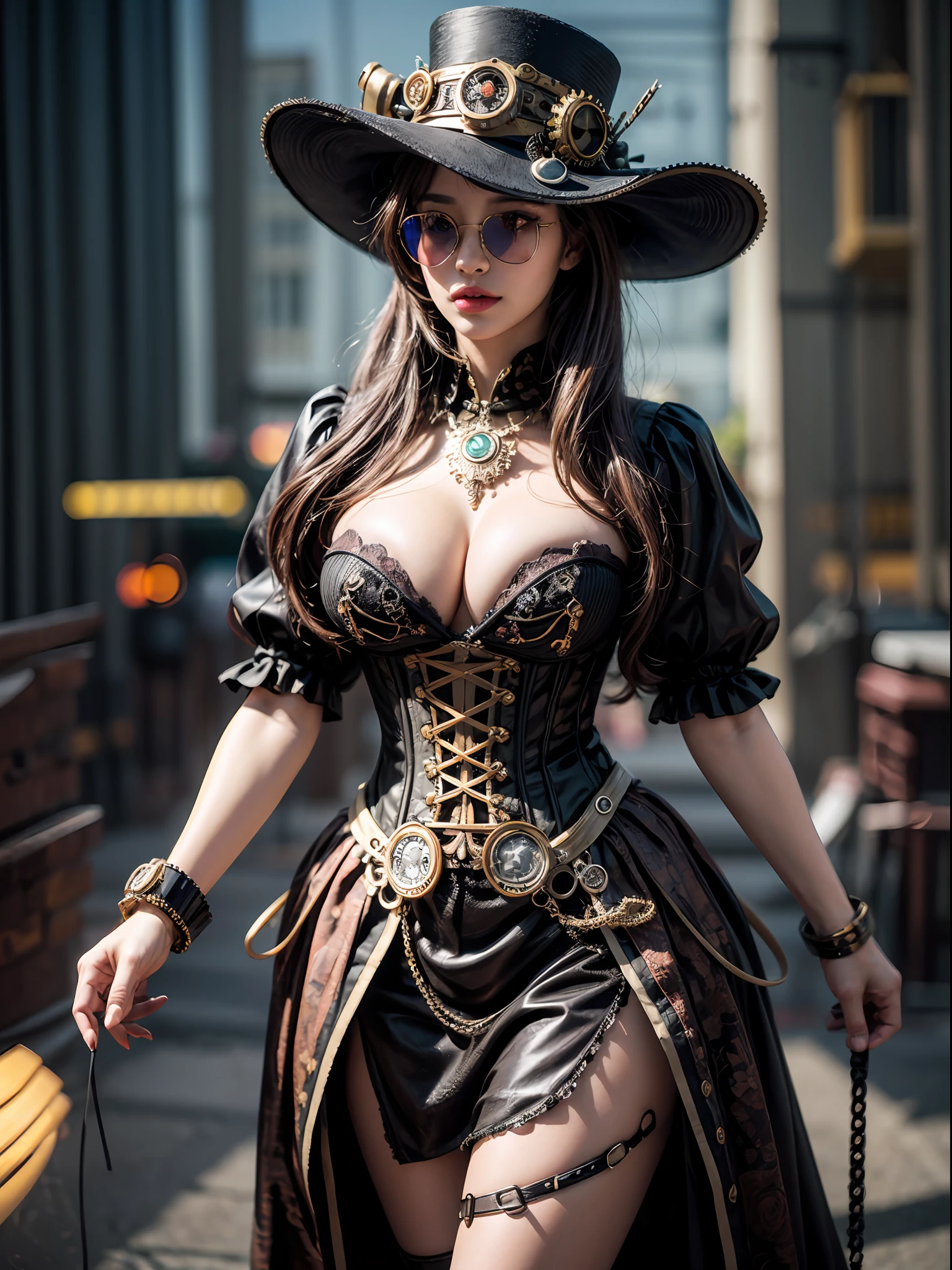 (steampunk),close up, 1girl, lady in the hat and round steel gear, sunglasses, victorian clothes, deep_cleavage, shiny skin, ((steampunk)), cinematography, crafted, elegant, meticulous, magnificent, maximum details, extremely hyper aesthetic, intricately detailed, Hippie Glasses Retro Round Metal, walking