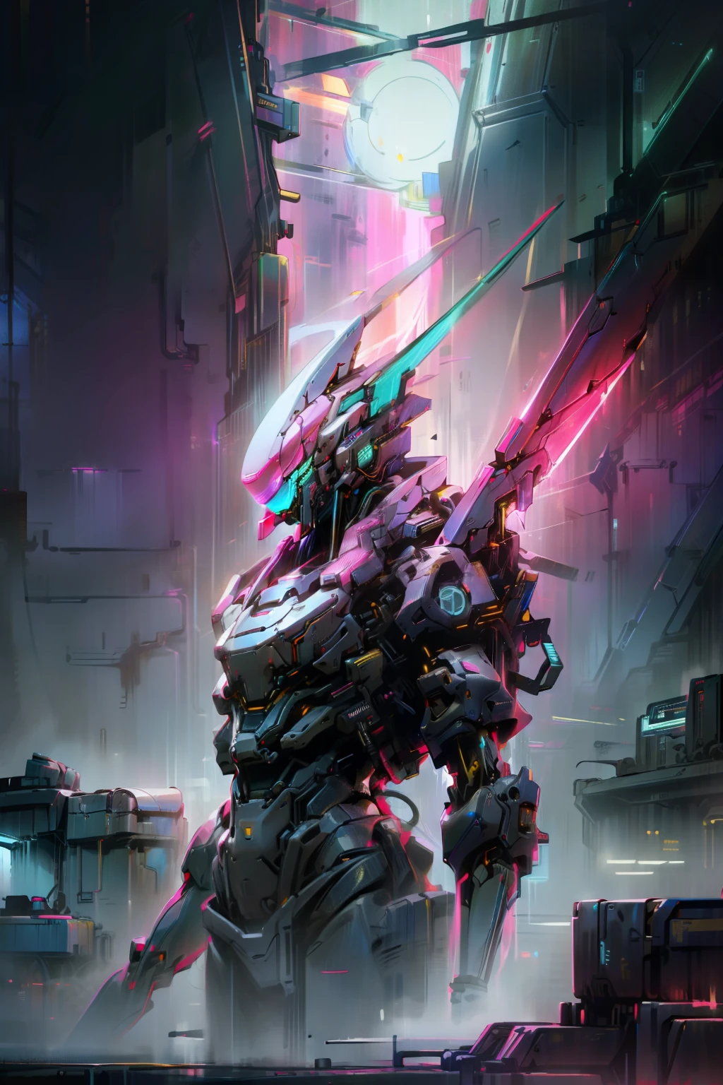 Mechanobiology，Pink mech，Up，opulent，Reflective，laser，Cyber fashion，droid，Cyberpunk AI，neon，eletric，neonlight，super detailing，rim-light ，full bodyesbian，Demon Killer，cruel，best qualtiy，The is very detailed，8K，超高分辨率，