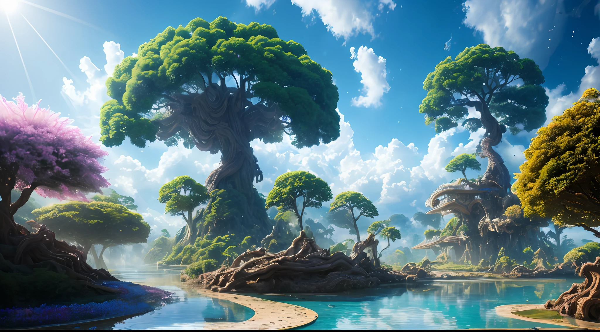 masterpiece, best quality, high quality, extremely detailed CG unity 8k wallpaper, a hyperrealistic colossal cyan raintree, in a futuristic prehistoric village, splashing water, sandy debris, lens flares, sunshaft, fluffy clouds, Hyperdetailed, HDR, bloom, Photorealistic, hyperdetailed