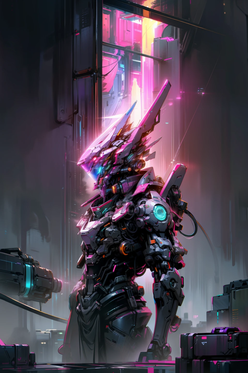 Mechanobiology,Pink mech,Up,opulent,Reflective,laser,Cyber fashion,droid,Cyberpunk AI,neon,eletric,neonlight,super detailing,rim-light ,full bodyesbian,Demon Killer,cruel,best qualtiy,The is very detailed,8K,超高分辨率,