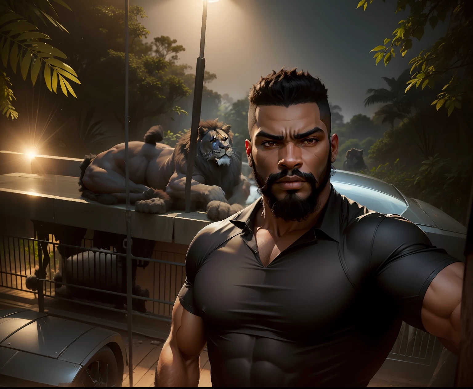 Homem negro com roupa do pantera negra. ao fundo uma imensa floresta. Next to the man is a saber-toothed lion with its mouth open.