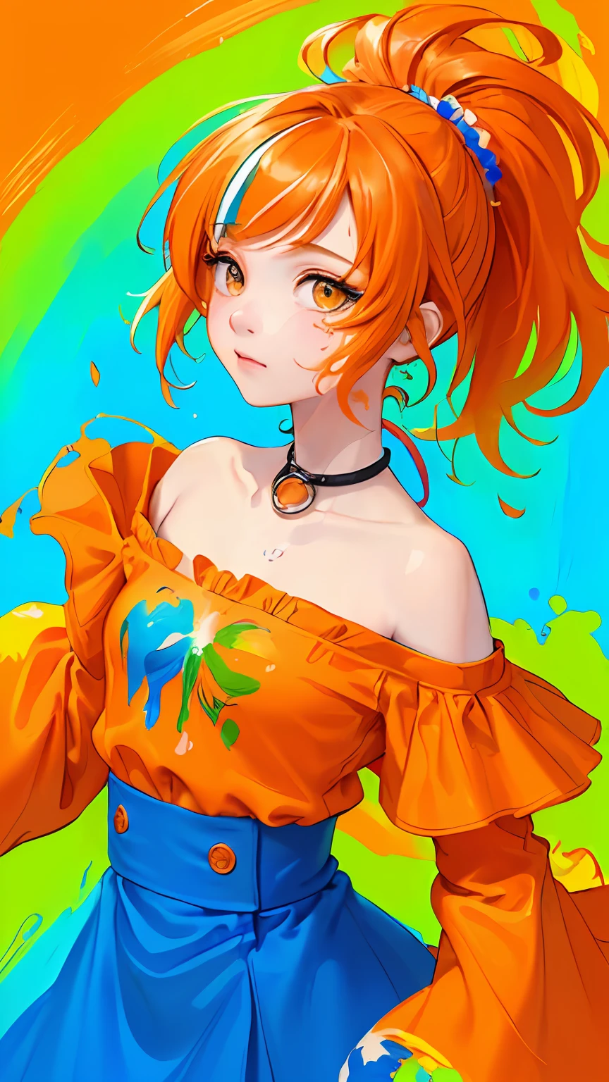 Red Fashion T-shirt：1.9），(orange hair: 1.8), (all the colours of the rainbow: 1.8),(((((vertical painting：1.6))), （painting：1.6），front, comics, illustrations, paintings, large eyes, orange clear eyes,（ rainbow color gradient high ponytail：1.7）, exquisite makeup, closed mouth,(Small Fresh: 1.5),(Wipe Chest: 1.6) ，long eyelashes, orange off shoulder T-shirt,  orange Shoulder Shirt，looking at the audience, large orange eyes, (rainbow colored hair：1.6), color splash, （solo：1.8）, color splash, color explosion, thick paint style, messy lines, ((shining))，(colorful), (colorful), (colorful), colorful, Thick Paint Style, (Splash) (Color Splash), Vertical Painting, Upper Body, Paint Splash, Acrylic Pigment, Gradient, Paint, Highest Image Quality, Highest Quality, Masterpiece, Solo, Depth of Field, Face Paint,  orange clothes, (Elegant: 1.2), gorgeous,long hair, wind, (Elegant: 1.3), (Petals: 1.4)，(((masterpiece))),(((best quality))),((ultra-detailed)),(illustration),(dynamic angle),((floating)),(paint),((disheveled hair)),(solo),(1girl) , (((detailed anima face))),((beautiful detailed face)),collar,bare shoulders,orange hair, ((orange hair)),((streaked hair)),beautiful detailed eyes,(orange color eyes),(((orange eyes))),(((colorful background))),(((high saturation))),(((surrounded by colorful splashes))),