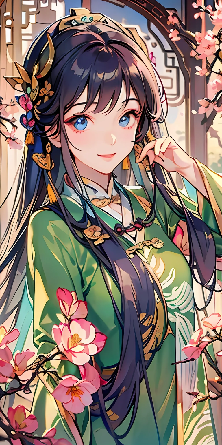 Long-haired woman,China-style,Qi bangs,ssmile,adolable,blossoms,delicated,quadratic element