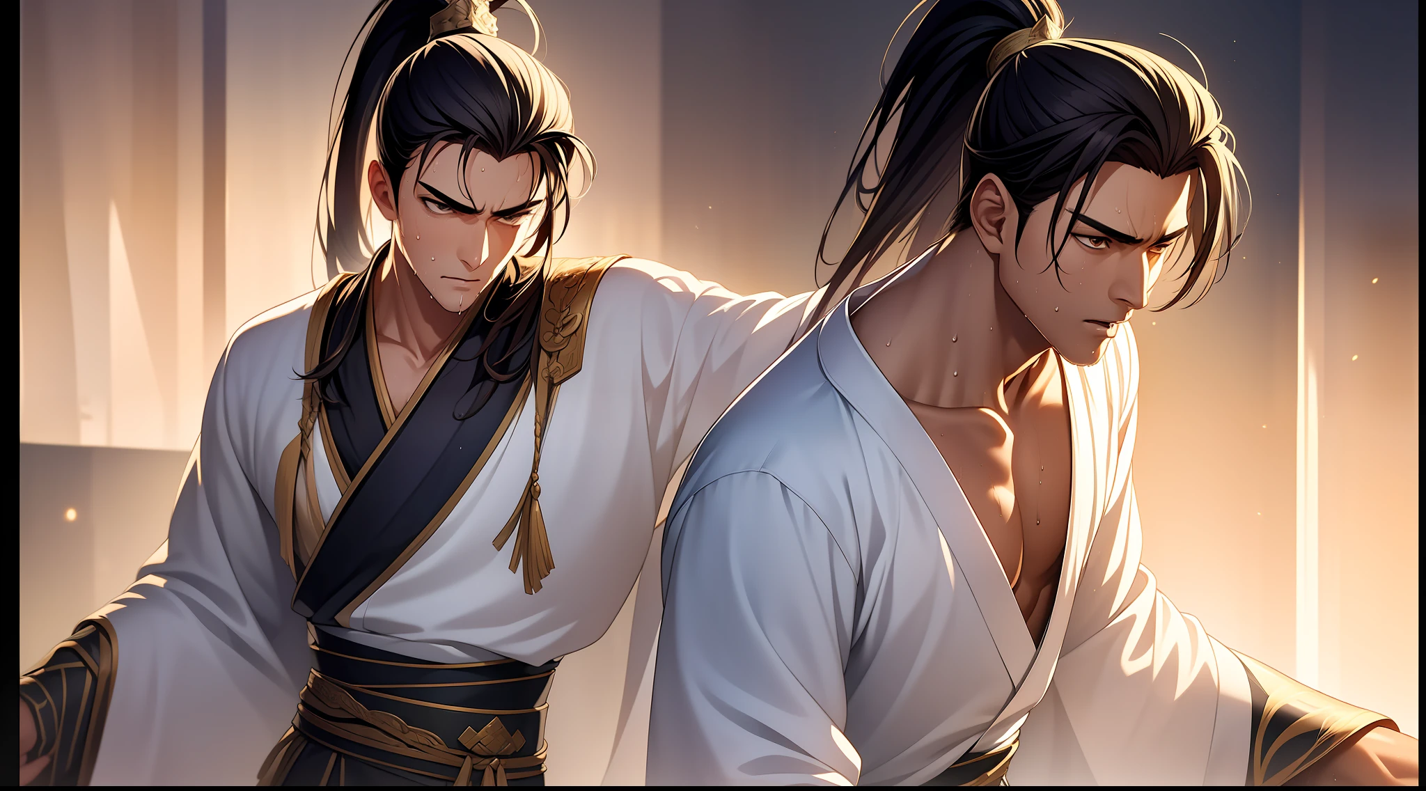quadratic element，style of anime，1 man（Male Warrior），musculature，The proportions are correct，Face details，swordsmen，High ponytail hairstyle，perspired，Sweat on the face，drools，Neck details，There is an Adam's apple，Get wet，Drenched，Black Hanfu，kaftan，Embroidered robes，Black robe，clothes details，Handing over，longer sleeves，Game quality，Swordsmanship，Light and shadow tracking，Ray traching，detailed glow，cg render，hair detail，cabelos preto e longos，Golden eyes，Sweat on the face，Handsome，Handsome，Beads of sweat slipped down my neck，（juvenile sense），Clothing is complicated，Drenched，Get wet，Perfectcomposition，Refinement，high qulity，higher details，Lots of details，The background is complex，a sense of atmosphere，