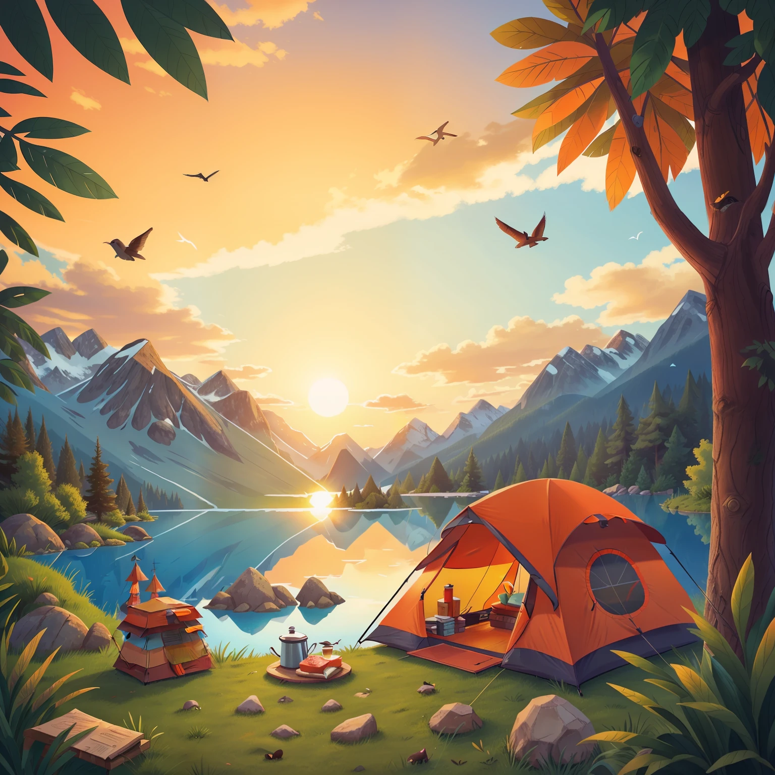 A tent set up at the foot of a mountain,There is a lake in front of the tent,Sunset,The birds also flew home,Orange tones,Close-up,The picture is simple