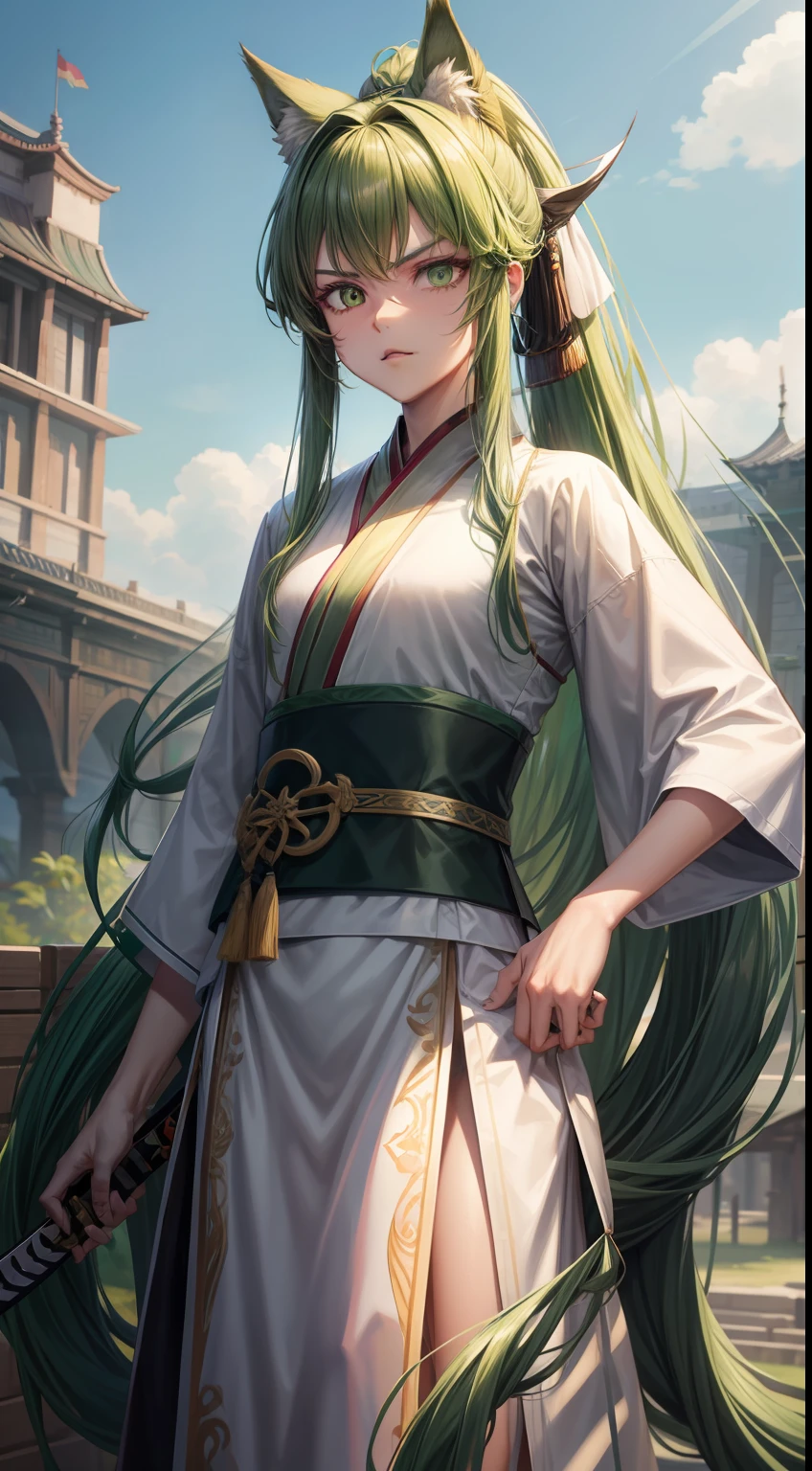 Tall guy, long green hair,high ponytail, Green eyes, wolf ears, Hanfu, a sword, A serious look, Masterpiece, hiquality