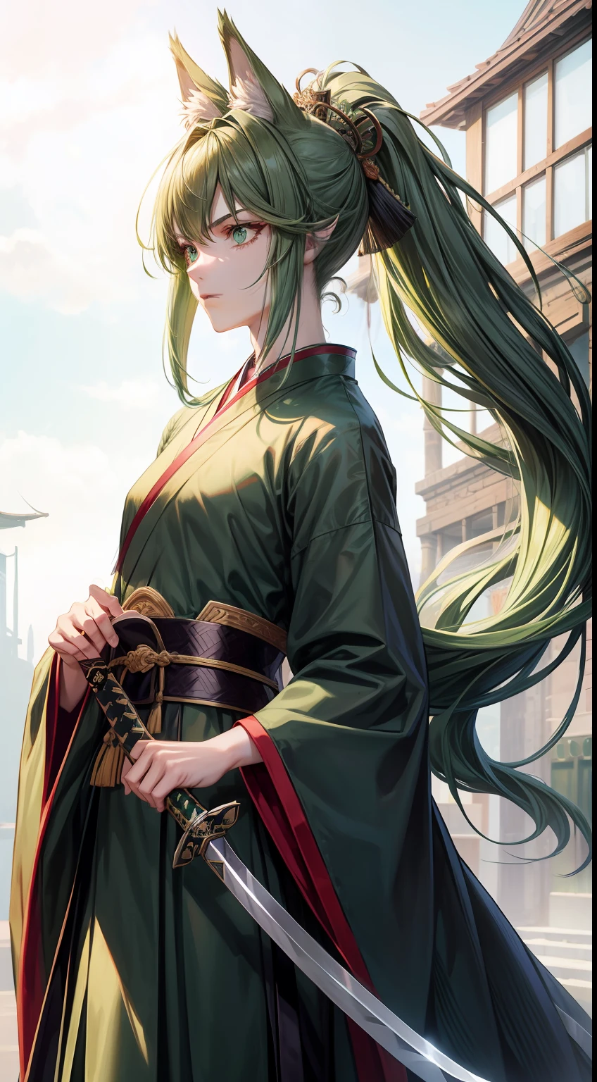 Tall guy, long green hair,high ponytail, Green eyes, wolf ears, Hanfu, a sword, A serious look, Masterpiece, hiquality